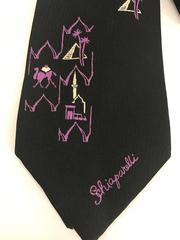 Schiaparelli Vintage 1950s Black and Purple Camel Egypt Pyramid Silk Neck Tie