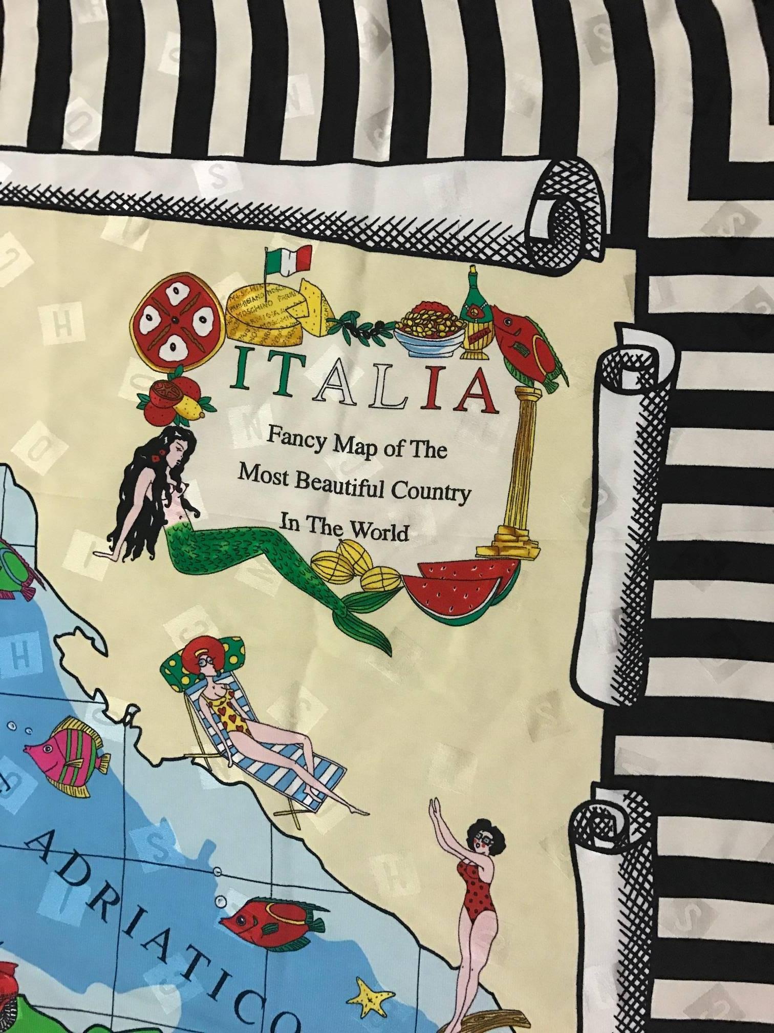 Moschino vintage silk scarf featuring a map of Italy and its famous landmarks, or, as Moschino puts it, 'Fancy map of the most beautiful country in the world.' Signed Moschino at front and label.

100% silk.

Made in Italy. 

Measures approximately