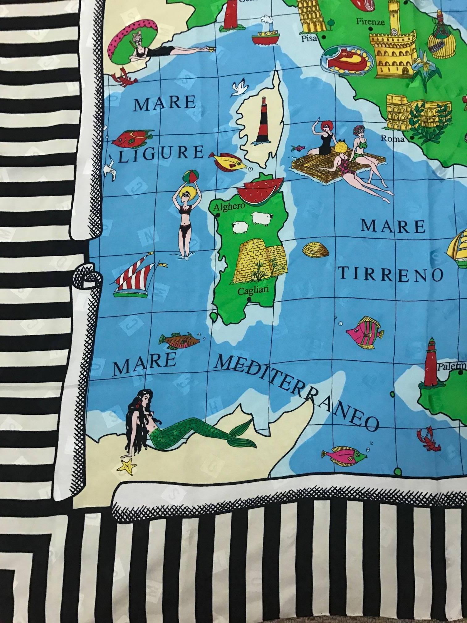 Blue Moschino 1990s Italia Map of Italy Souvenir Style Silk Scarf