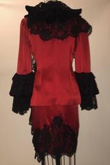 Moschino Couture 1990s Red Skirt Jacket Suit with Velvet and Lace Ruffle Flounce