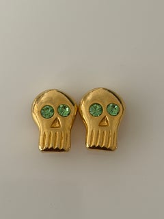 1980s BillyBoy* Surreal Bijoux Gold Tone and Green Crystal Skull Earrings
