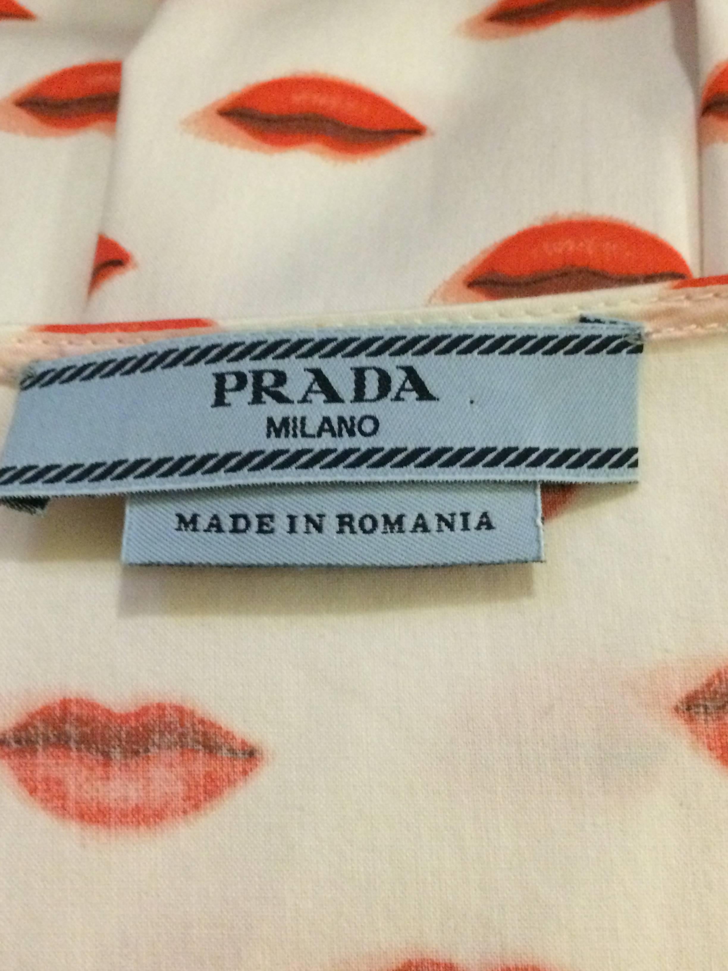 Beige Prada Red and White Surrealist Lip Print Sleeveless Cotton Dress