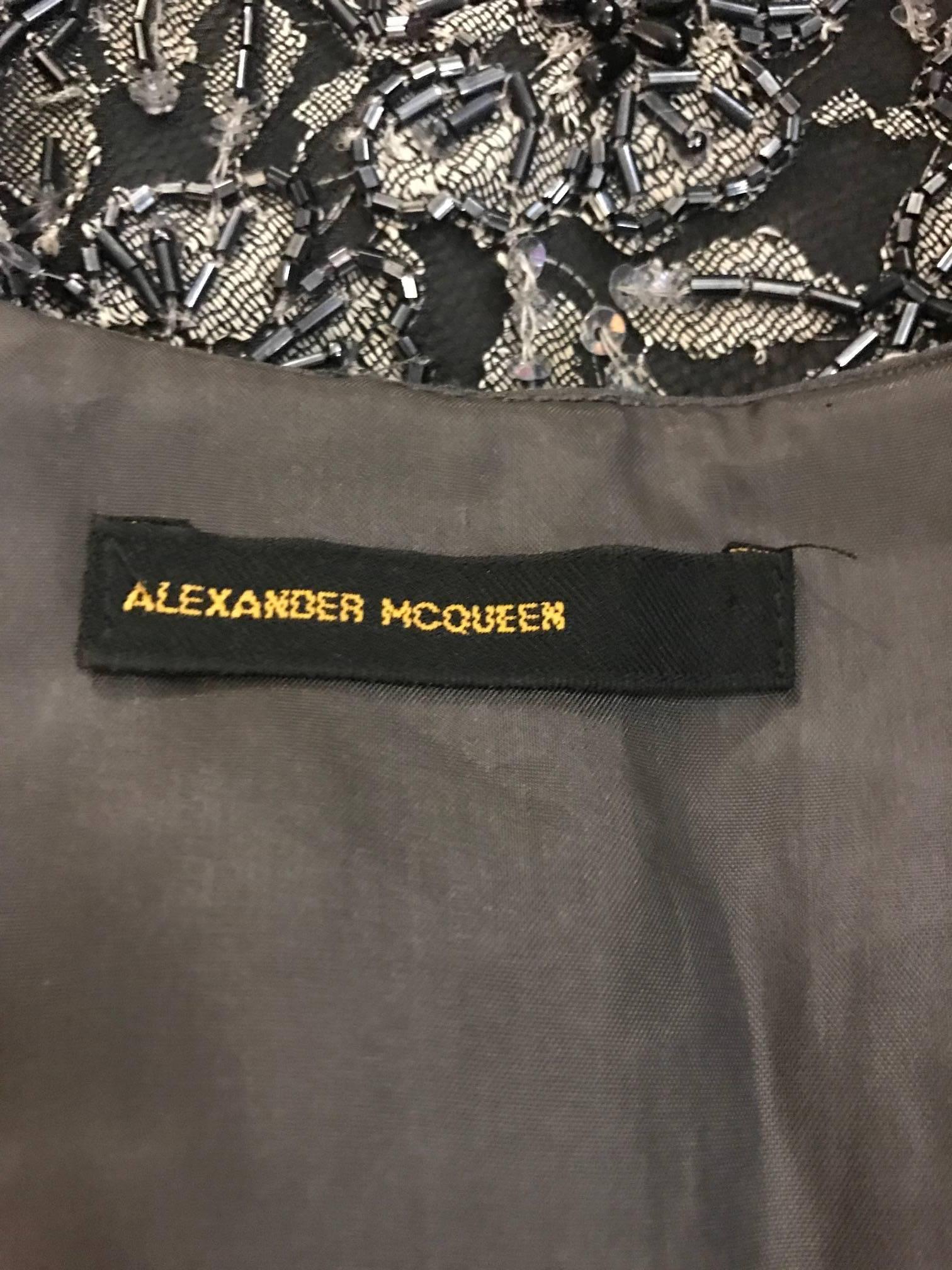 1990s Alexander McQueen Grey and Black Beaded Lace Midi Dress In Good Condition For Sale In San Francisco, CA