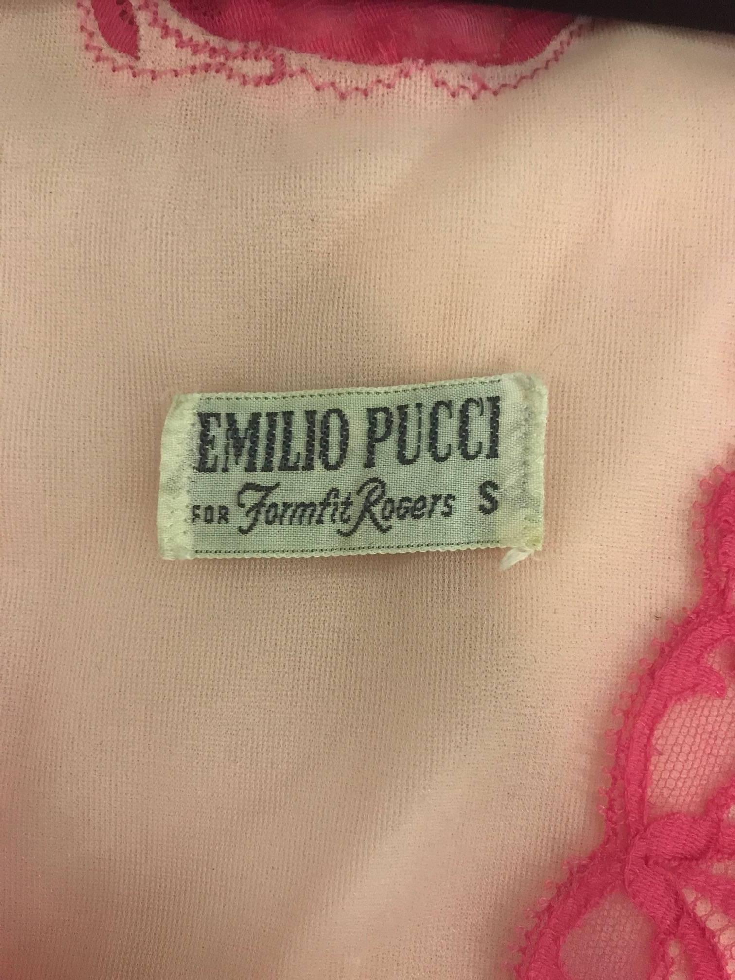 Beige Emilio Pucci Pink Lace Trim Maxi Long Negligee Night Gown Slip, 1960s  