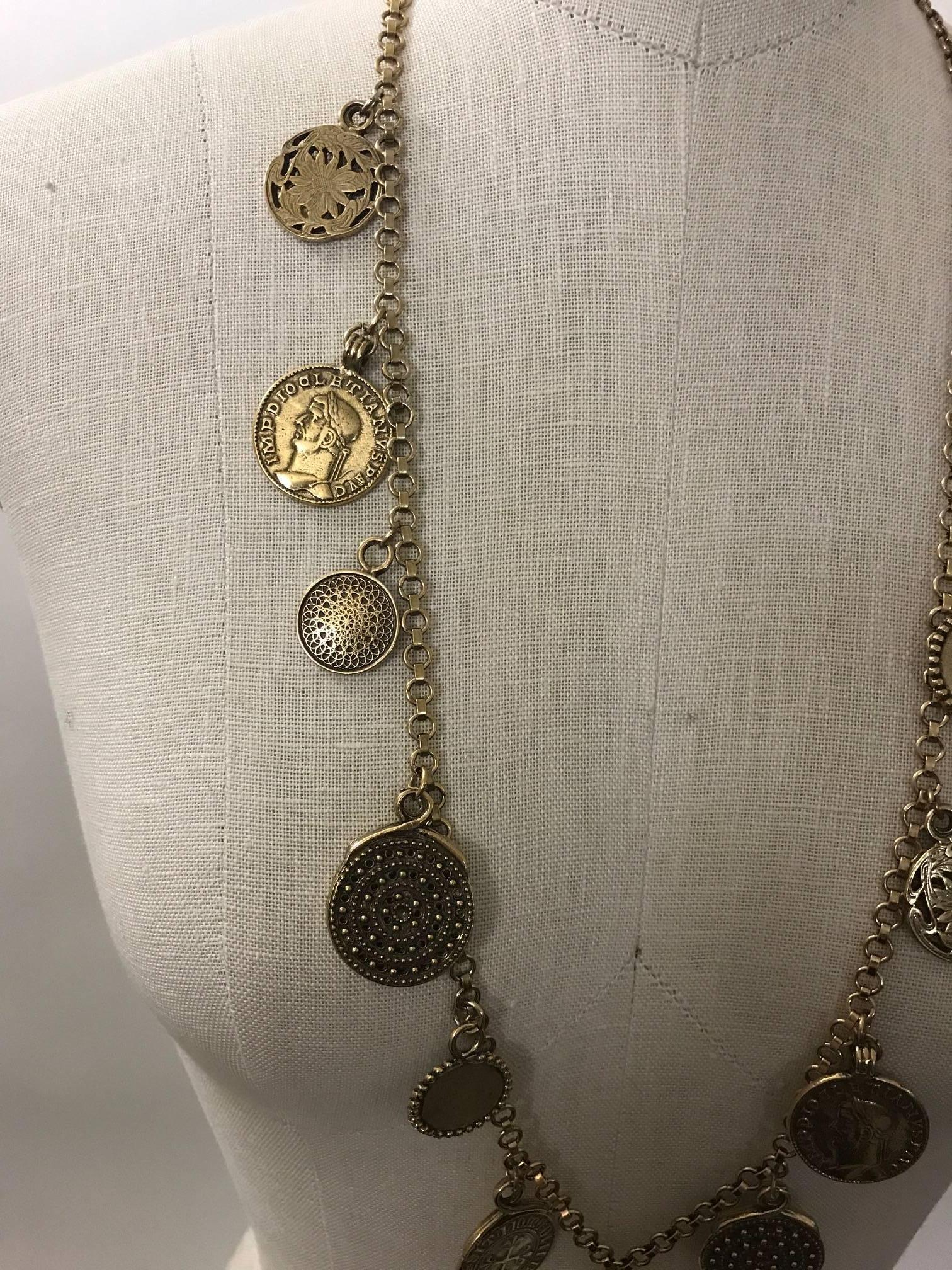 Women's Yves Saint Laurent 1977 Gypsy Coin Medallian Gold Tone Necklace Single Strand