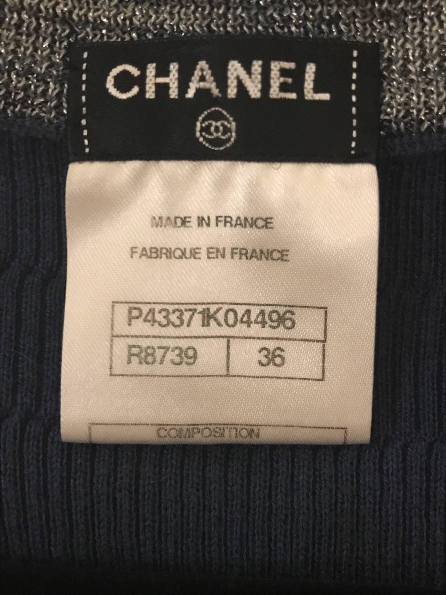 Gray Chanel Blue and Grey Metallic Stripe Stretch Knit Bodycon CC Logo Dress 