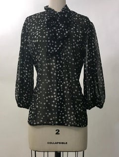 Dolce & Gabbana Black White Star Print Semi Sheer Pussy Bow Blouse
