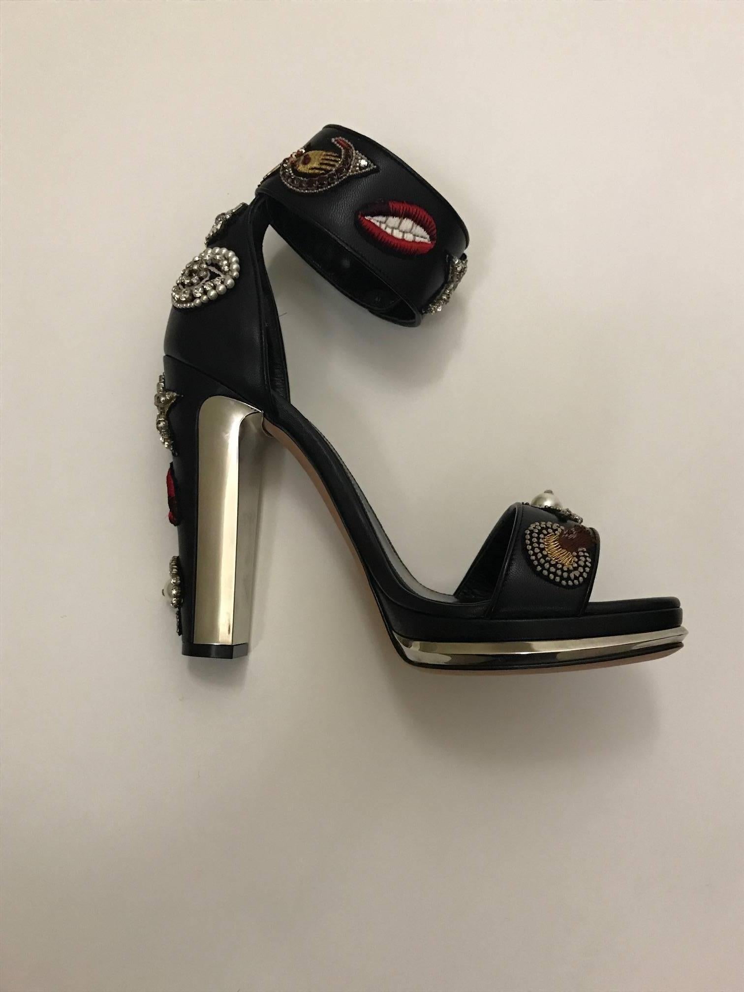 Women's Alexander McQueen Crystal Obsession Embroidered Mirrored Black Leather Sandal