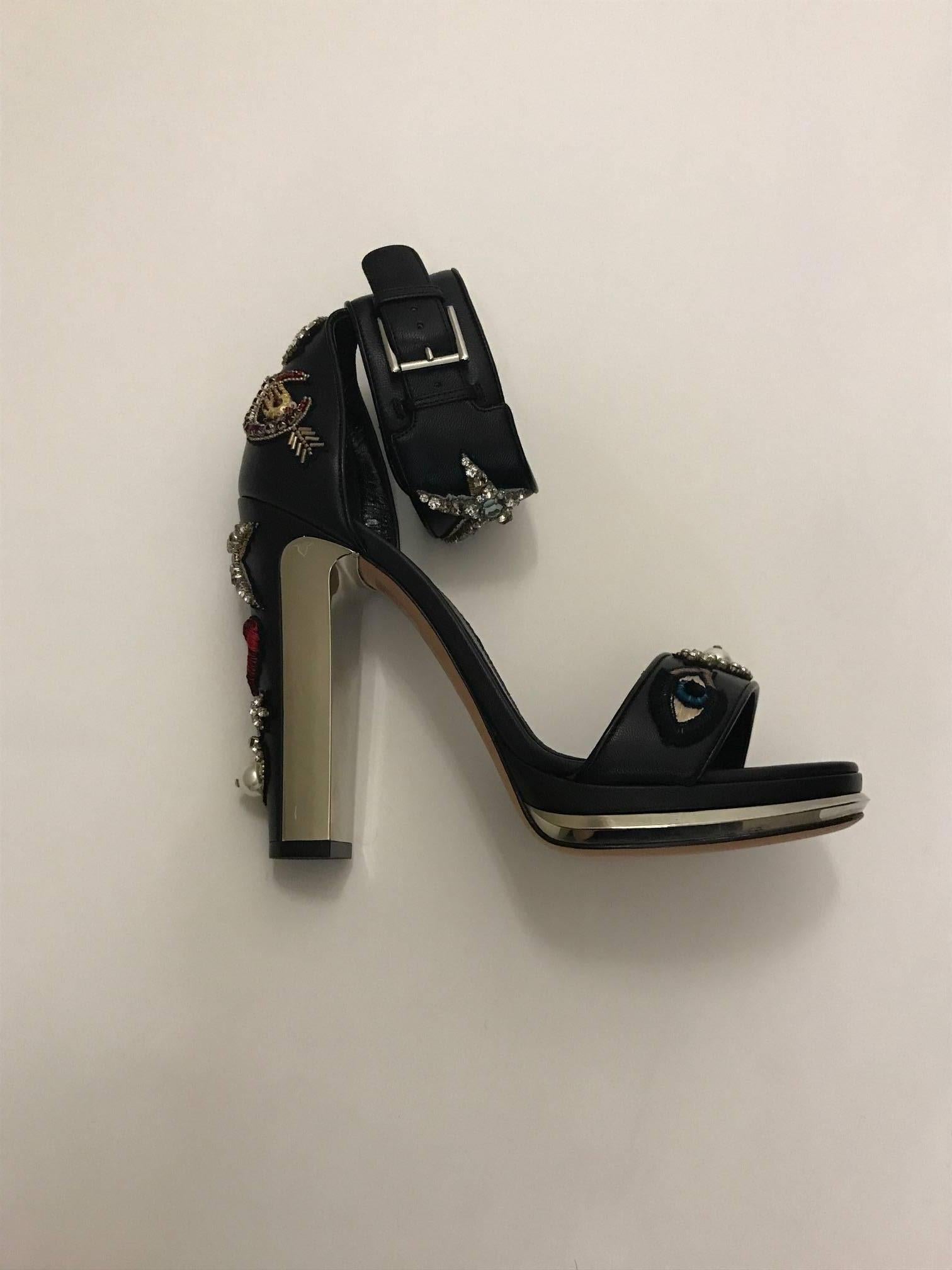 Alexander McQueen Crystal Obsession Embroidered Mirrored Black Leather Sandal 1