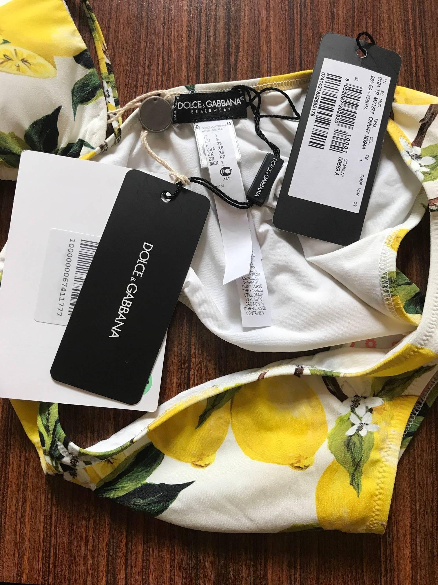 Neu Dolce & Gabbana Lemon Print Weiß Gelb Bikini Badeanzug Badeanzug (Beige)