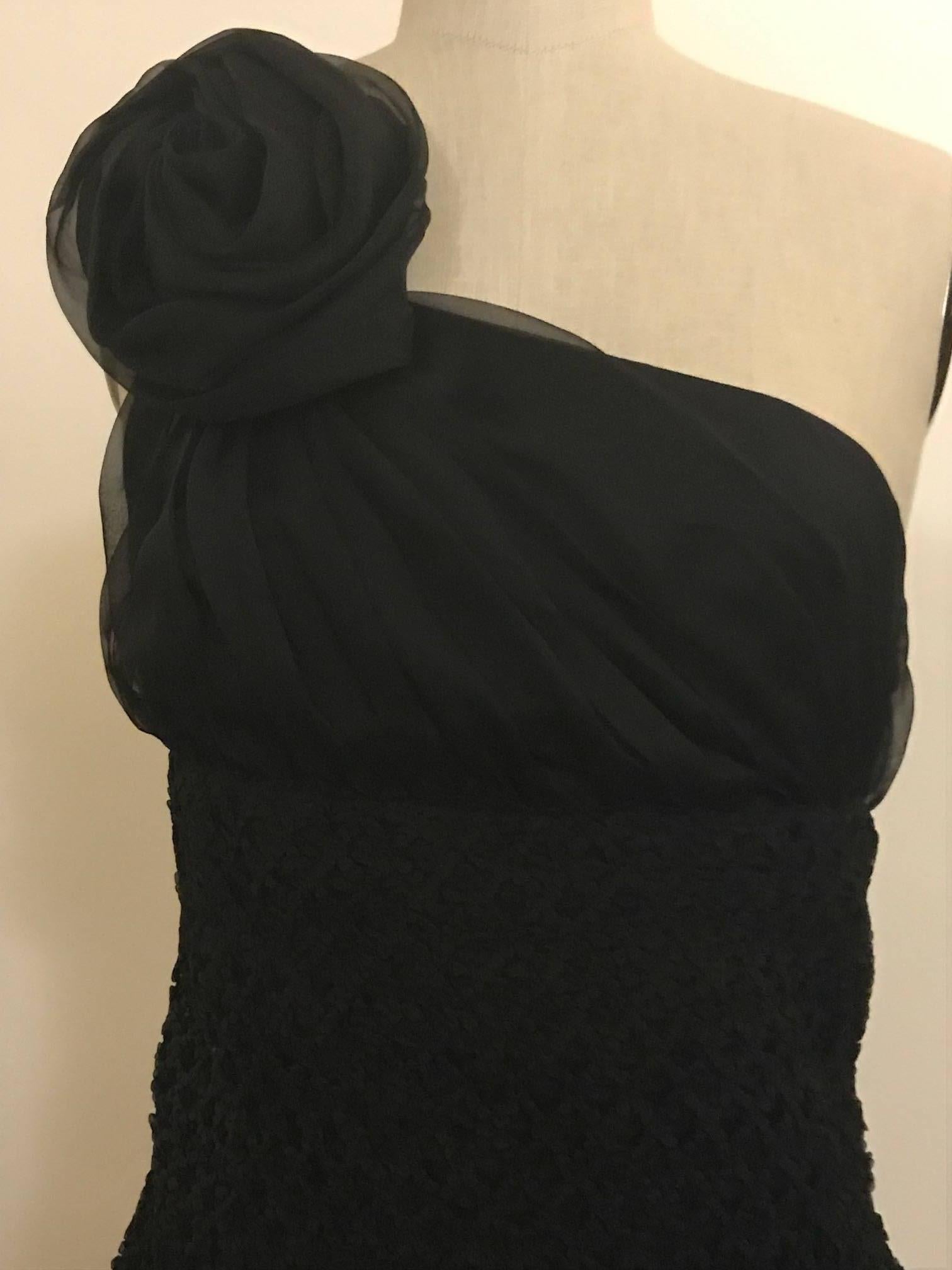 Prada Black Textured One Shoulder Gown with Rosette Detail and Ruffle Hem, 2008  In Good Condition In San Francisco, CA