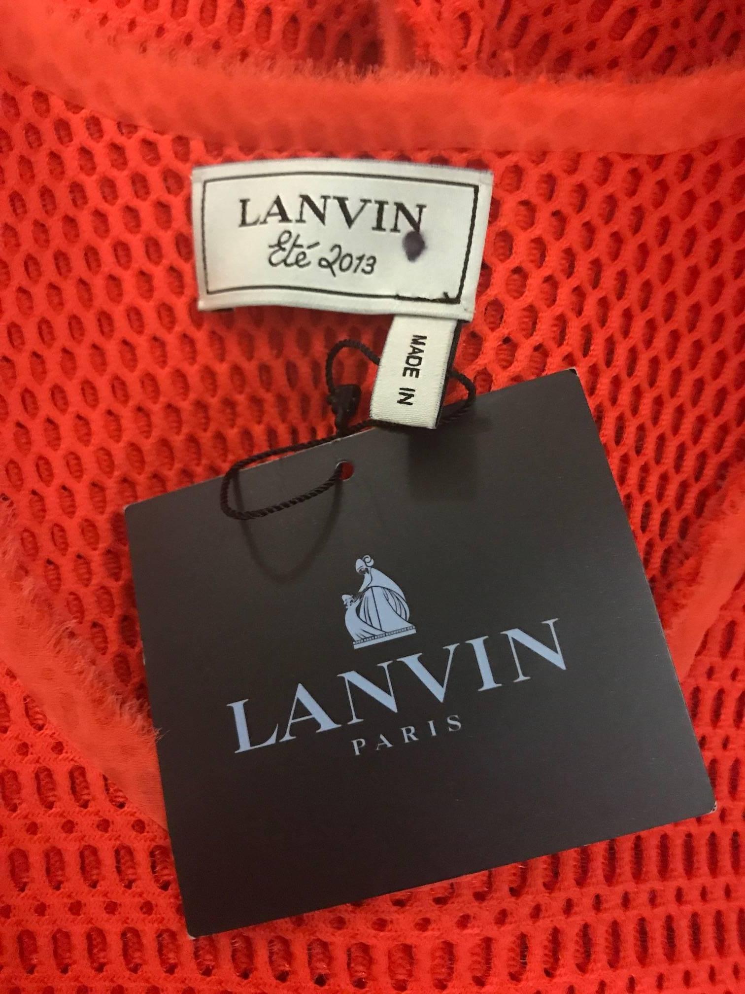 Women's Lanvin Red Orange Knit Mesh Body Con Dress with Raw Chiffon Trim, 2013 