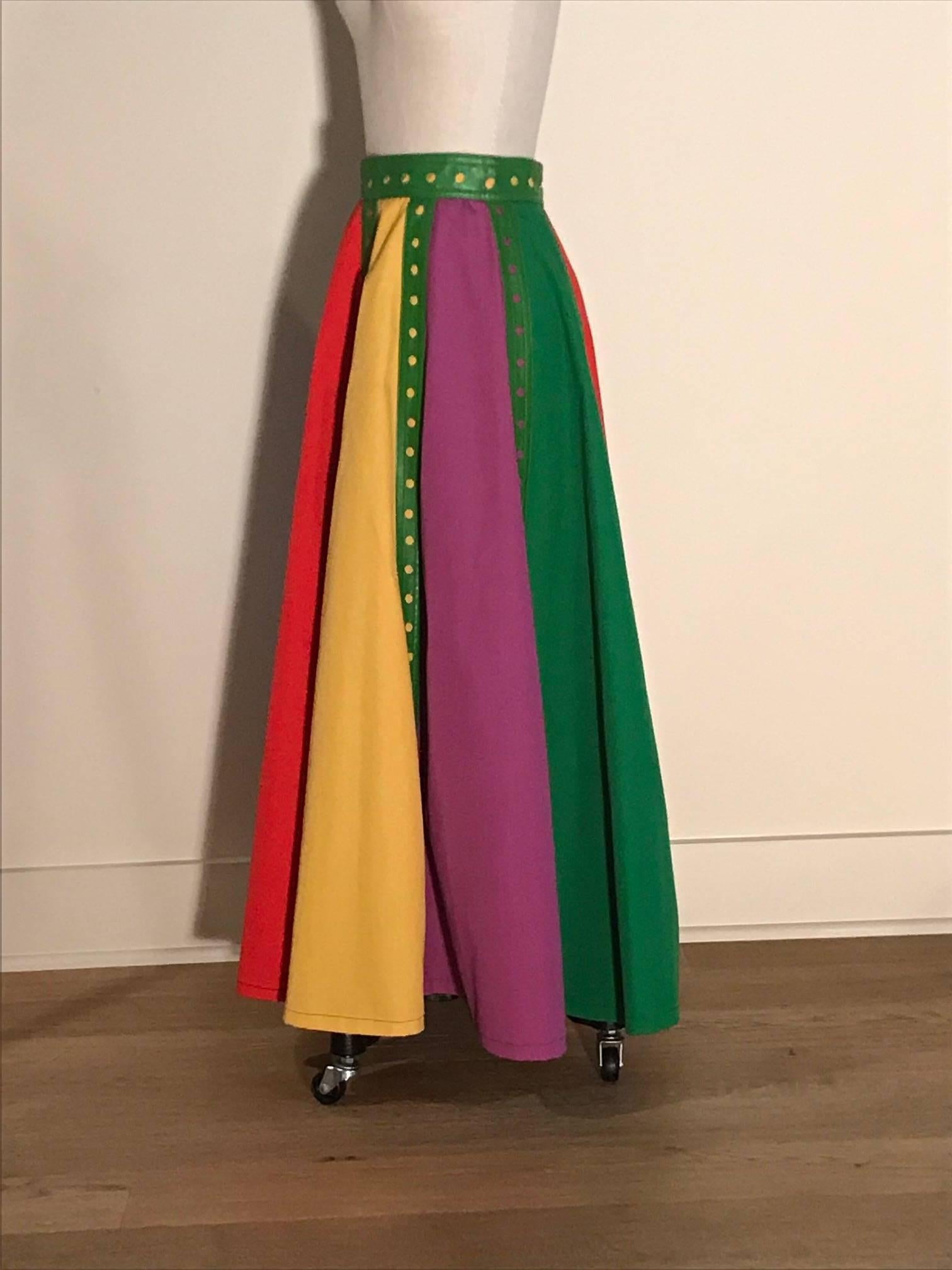 Red Giorgio Sant'Angelo 1970s Green Leather Trim Colorblock Maxi Skirt Long For Sale