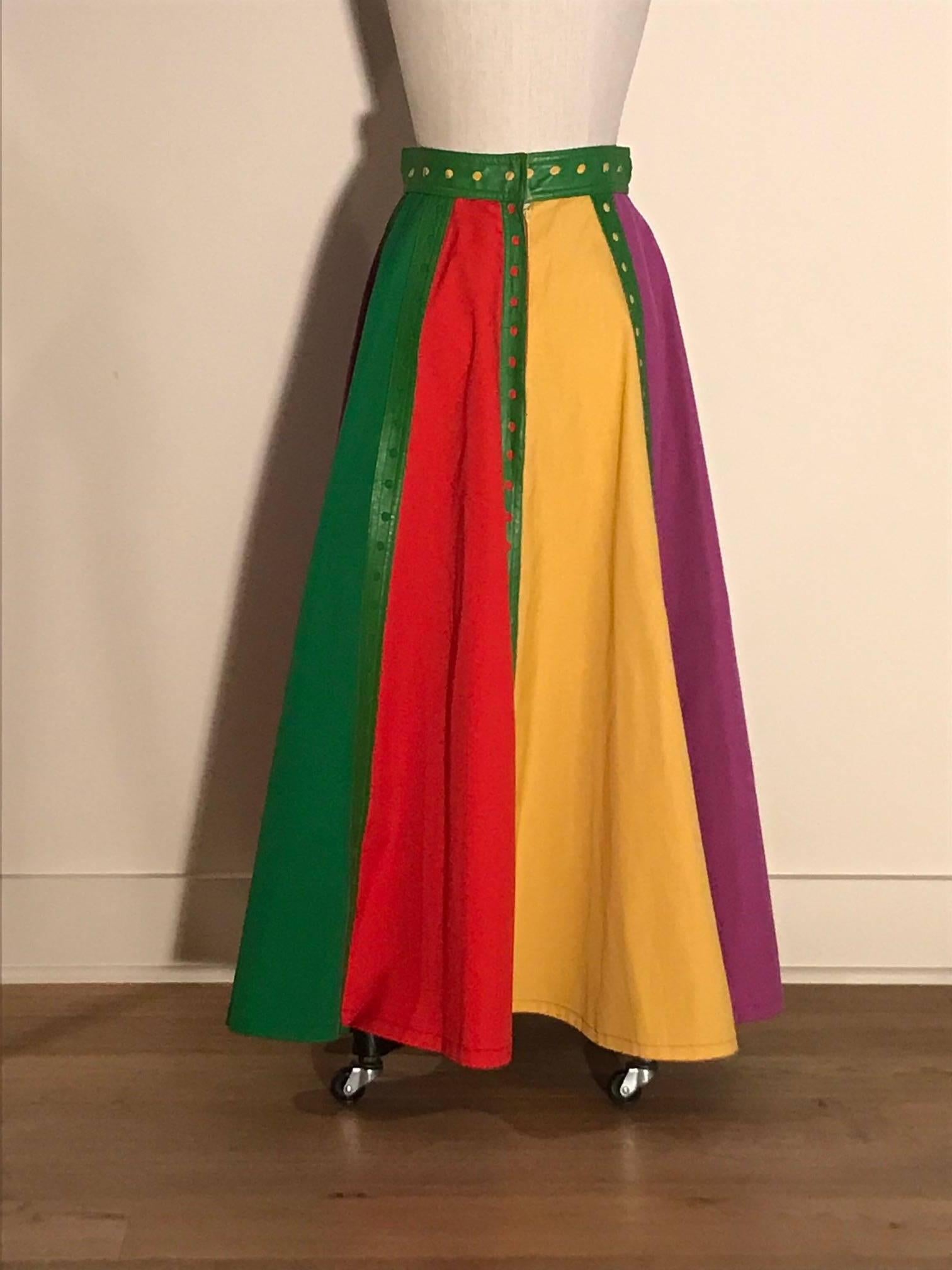 Giorgio Sant'Angelo 1970s Green Leather Trim Colorblock Maxi Skirt Long In Excellent Condition For Sale In San Francisco, CA