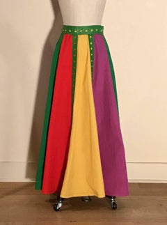 Giorgio Sant'Angelo 1970er Jahre Maxirock mit grünem Lederbesatz im Colorblock-Look Lang