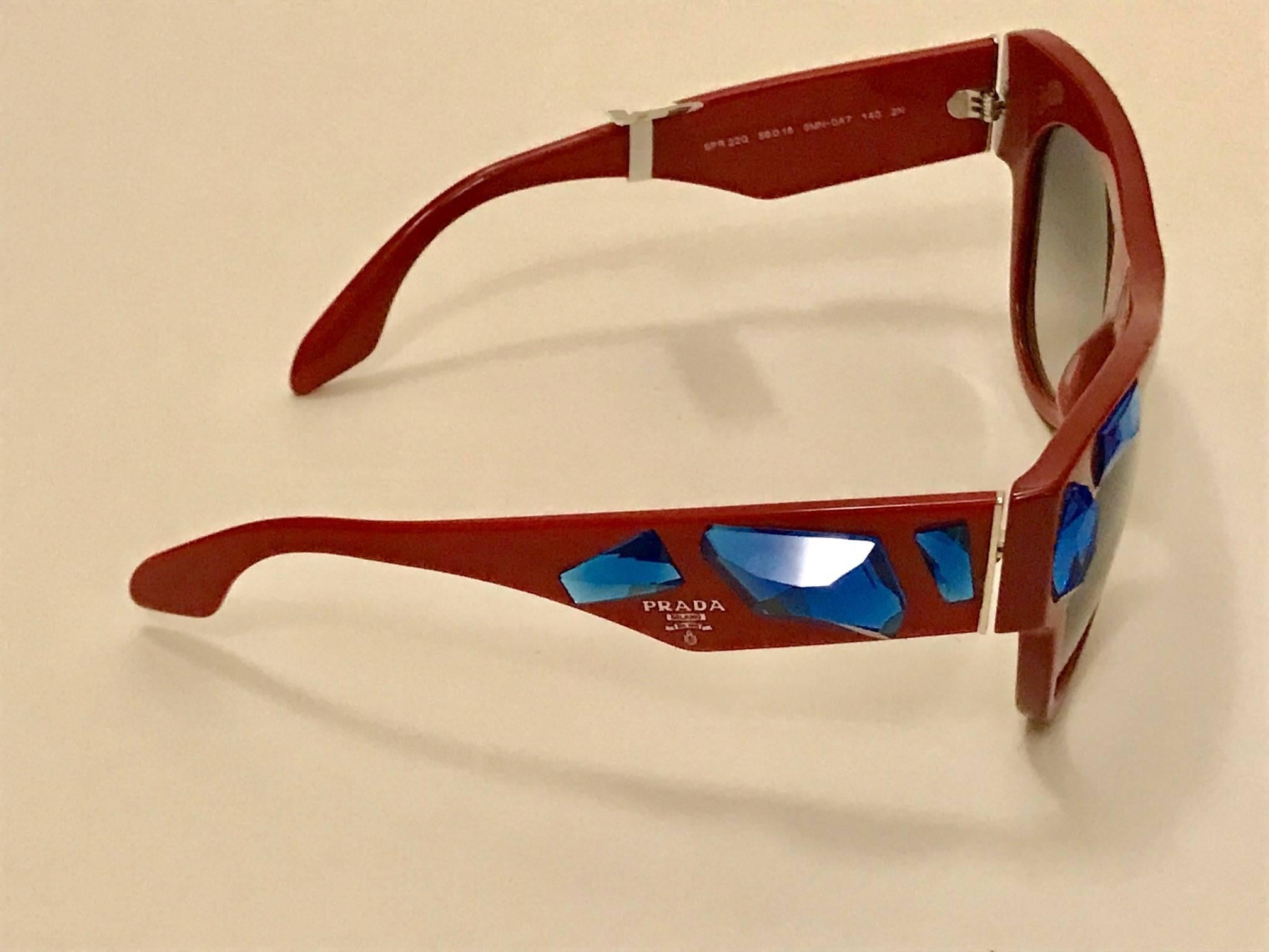 Brown New Prada Voice Sunglasses Red with Blue Crystal Embellishment with Tags