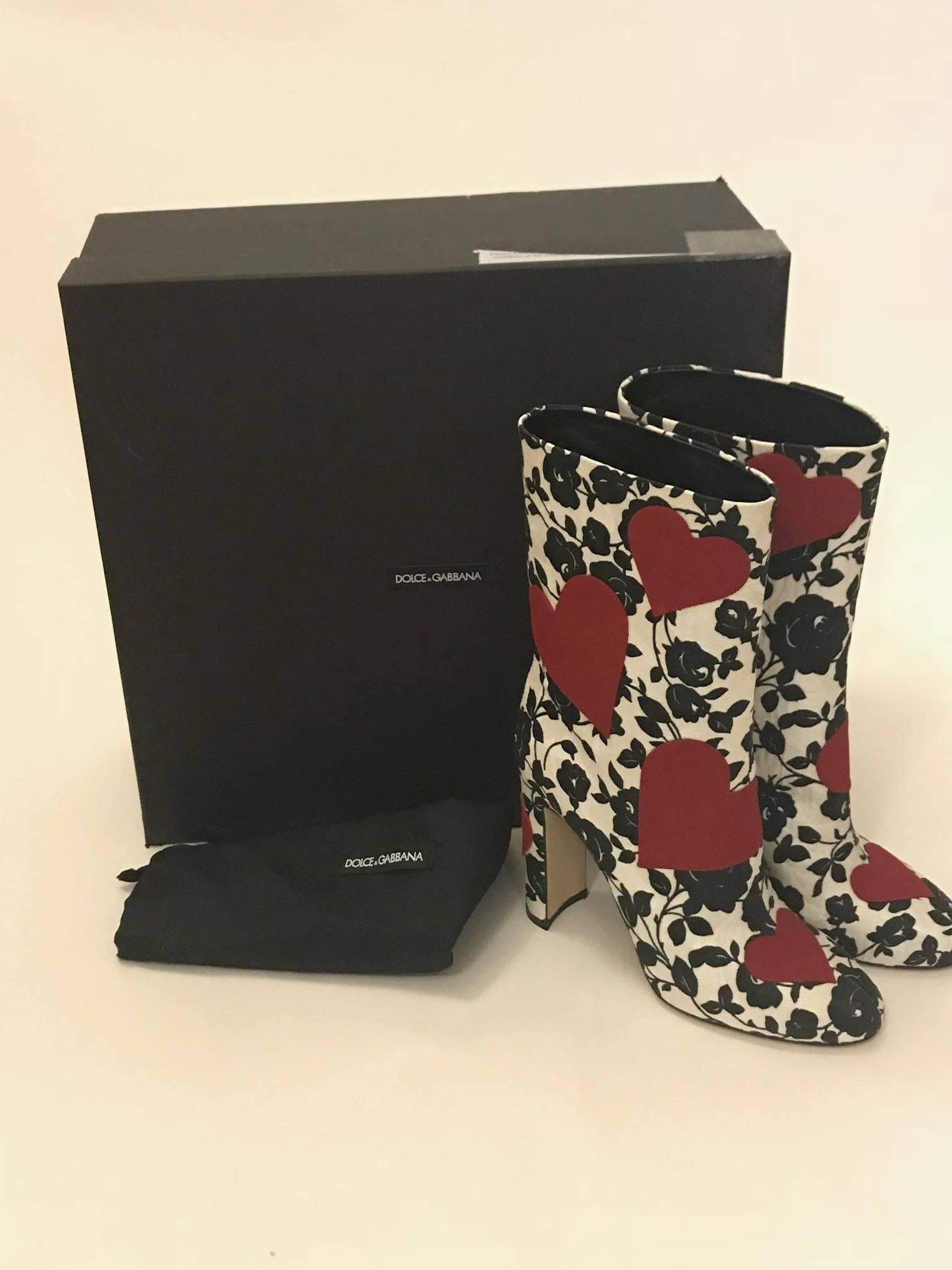 Dolce & Gabbana Red Hearts on Black and White Rose Floral Print Boots  2