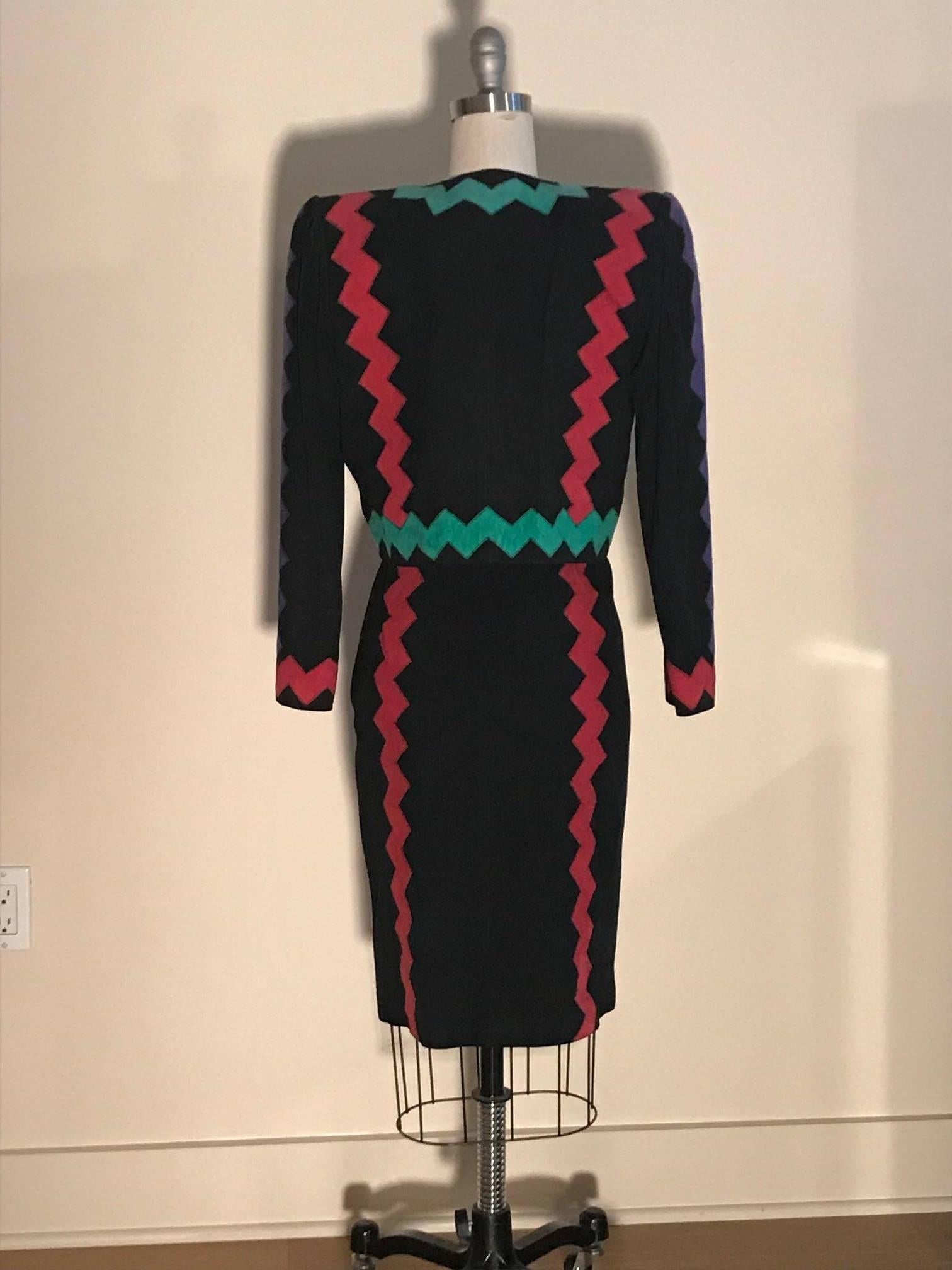 Yves Saint Laurent Suede Black Red Green Purple Zig Zag Skirt Suit Jacket, 1990s In Excellent Condition In San Francisco, CA