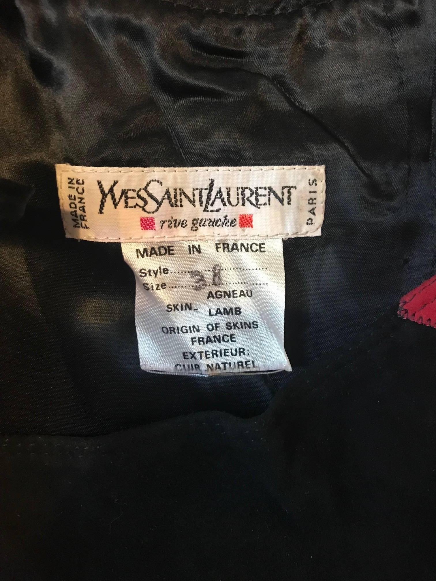 Yves Saint Laurent Suede Black Red Green Purple Zig Zag Skirt Suit Jacket, 1990s 1