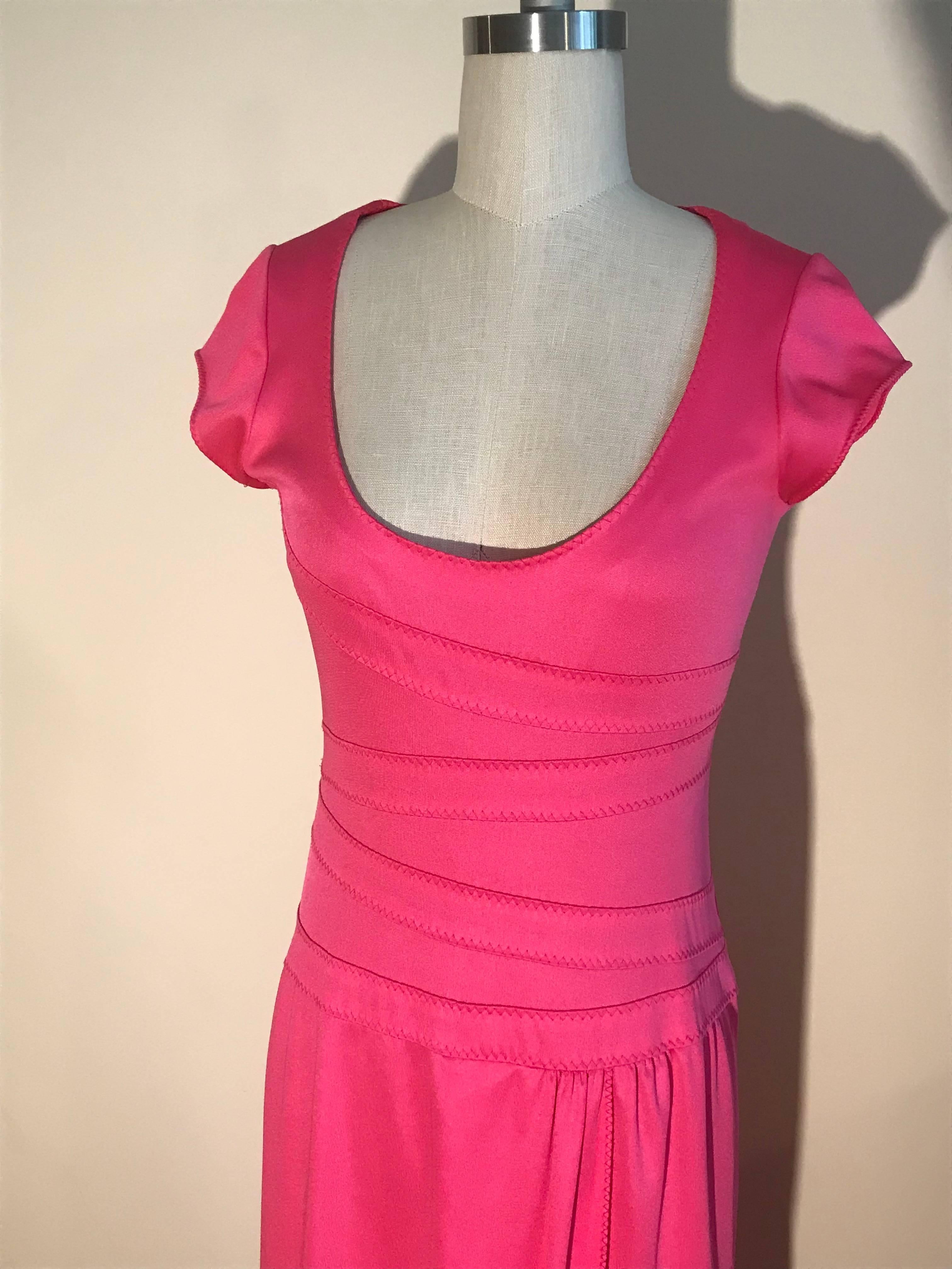 Women's Stephen Burrows Pink Jersey Scoop Neck Maxi Dress Gown with Lettuce Edge, 1970s 