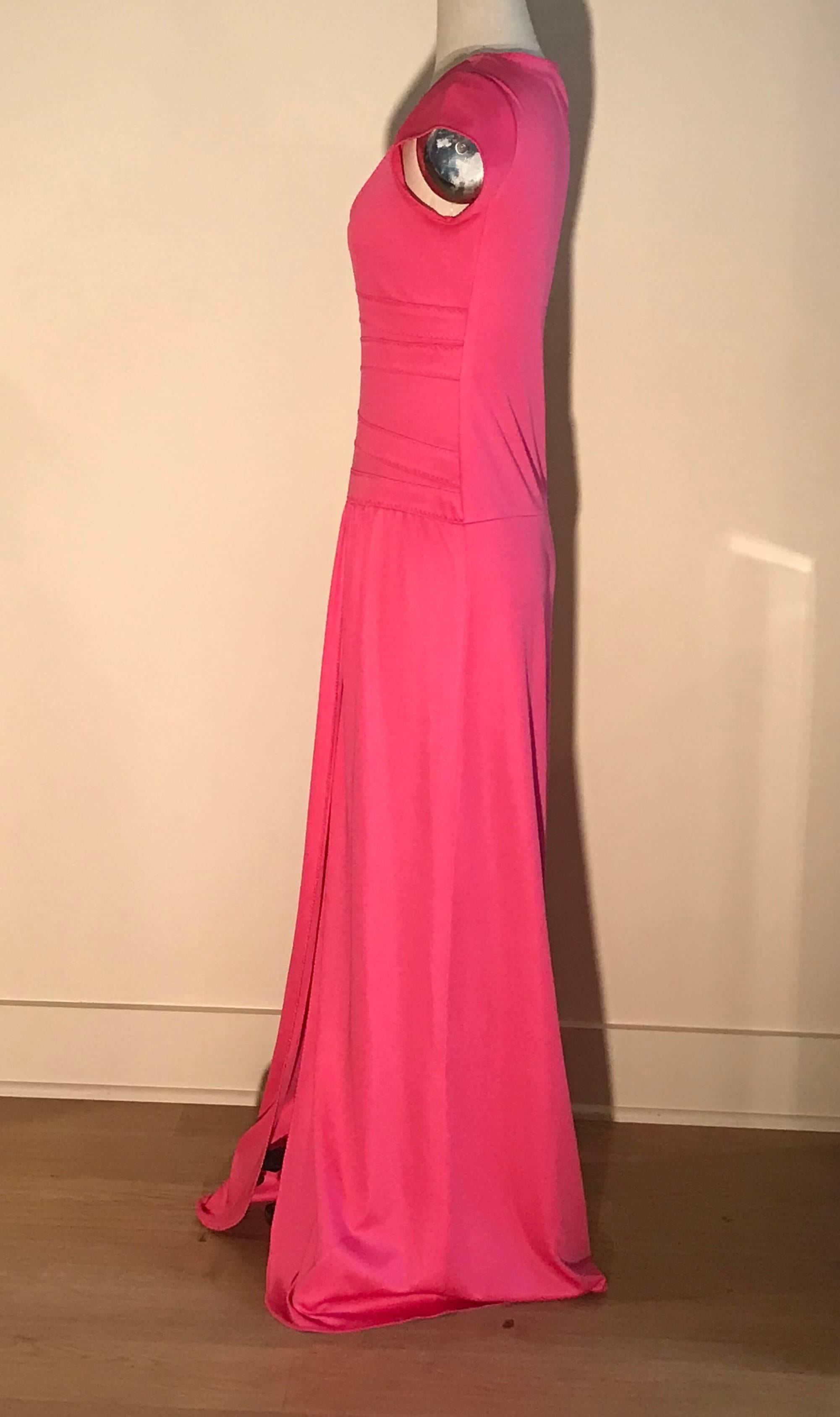 Stephen Burrows Pink Jersey Scoop Neck Maxi Dress Gown with Lettuce Edge, 1970s  In Good Condition In San Francisco, CA