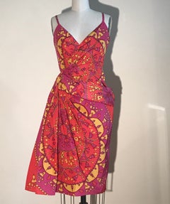 Christian Dior, robe drapée rose et jaune imprimée de glands et de chaînes, non portée 2008