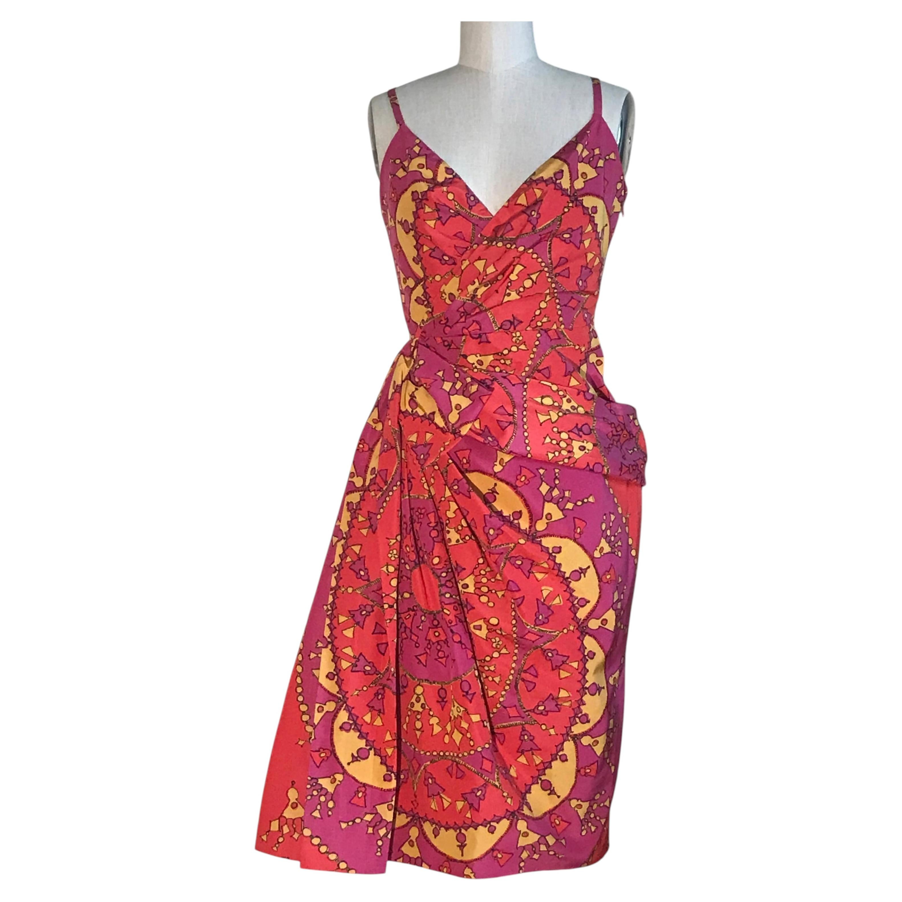 Unworn 2008 Christian Dior Pink and Yellow Draped Tassel and Chain Print Dress For Sale