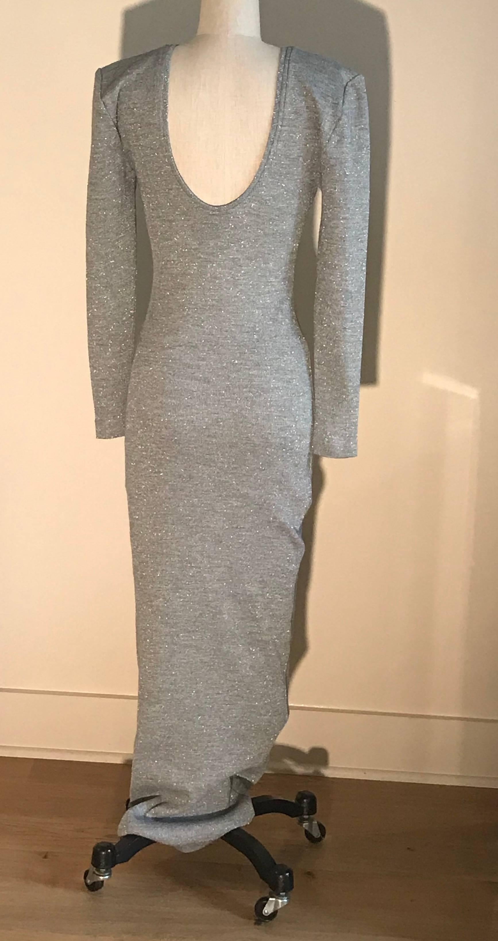 Patrick Kelly Silver Grey Metallic Bodycon Knit Maxi Dress with Scoop Back, 1980 In Good Condition In San Francisco, CA