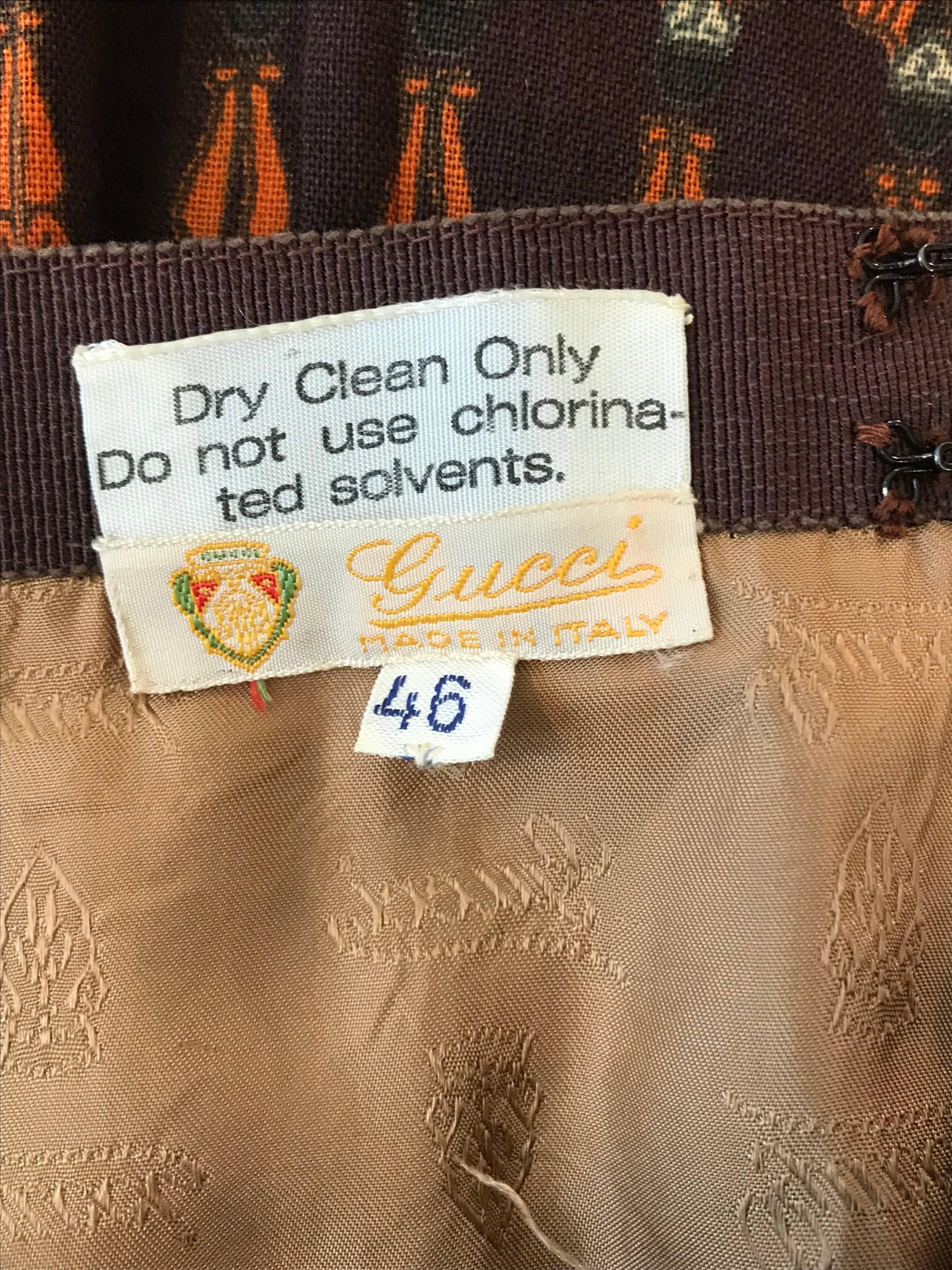 Gucci Vintage Equestrian Rider Brown Orange Cream Stripe Print Pleat Skirt, 1970 In Good Condition For Sale In San Francisco, CA