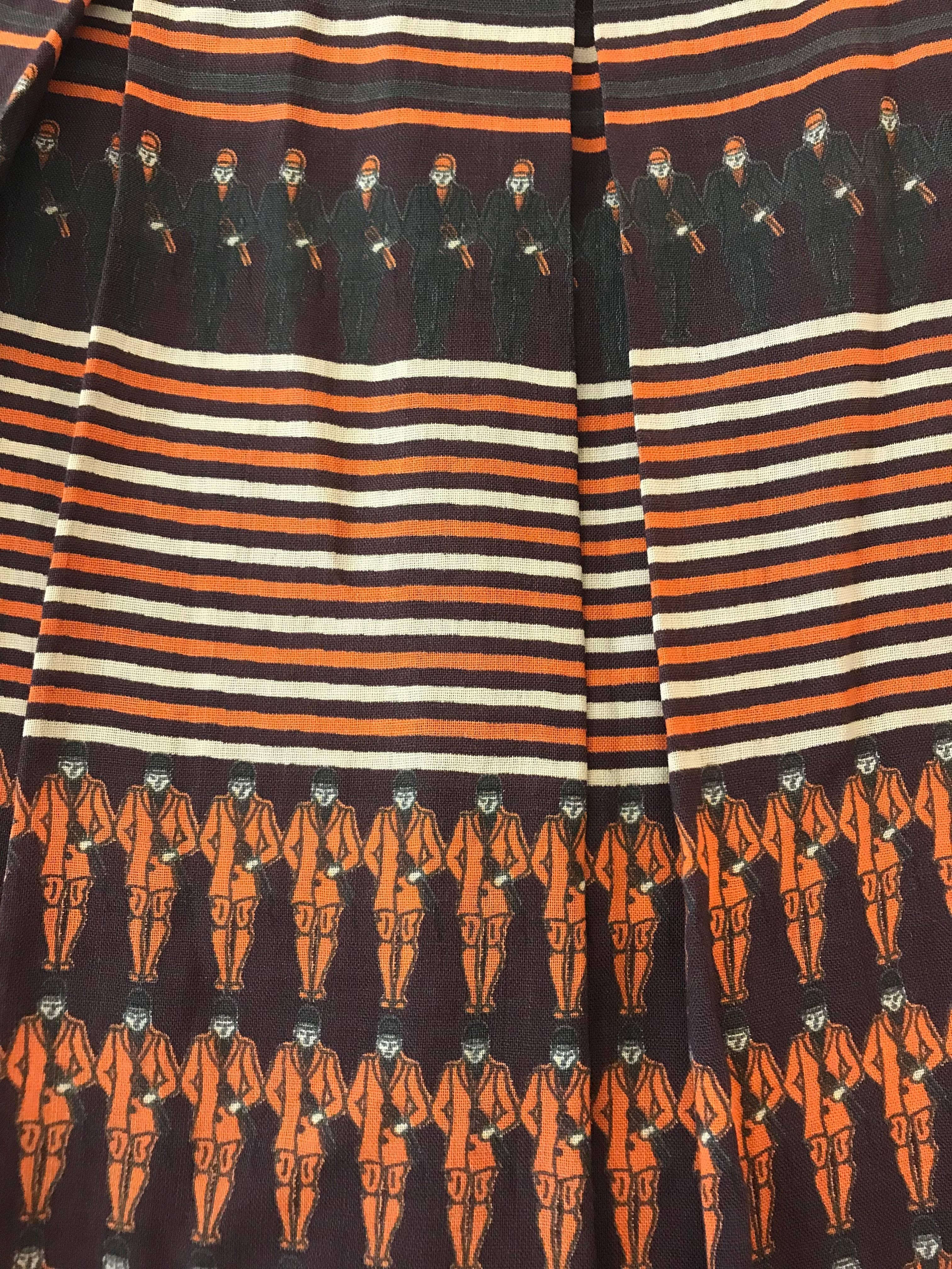 Gucci Vintage Equestrian Rider Brown Orange Cream Stripe Print Pleat Skirt, 1970 Bon état - En vente à San Francisco, CA