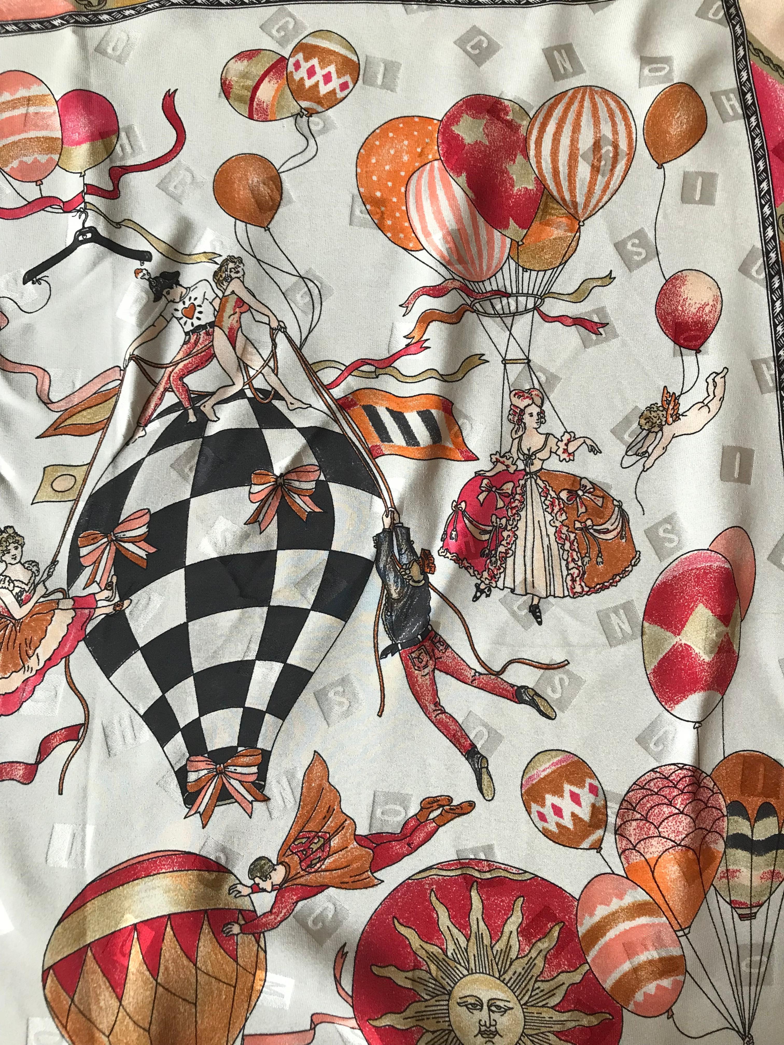 Moschino Vintage 1990s Hot Air Balloon, Cherub, Cow, Fashion Figure Silk Scarf In Good Condition In San Francisco, CA