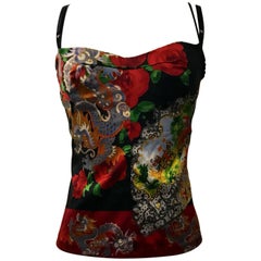 Vintage Dolce & Gabbana Red Dragon and Fan Print Bustier Corset Top, 1990s 