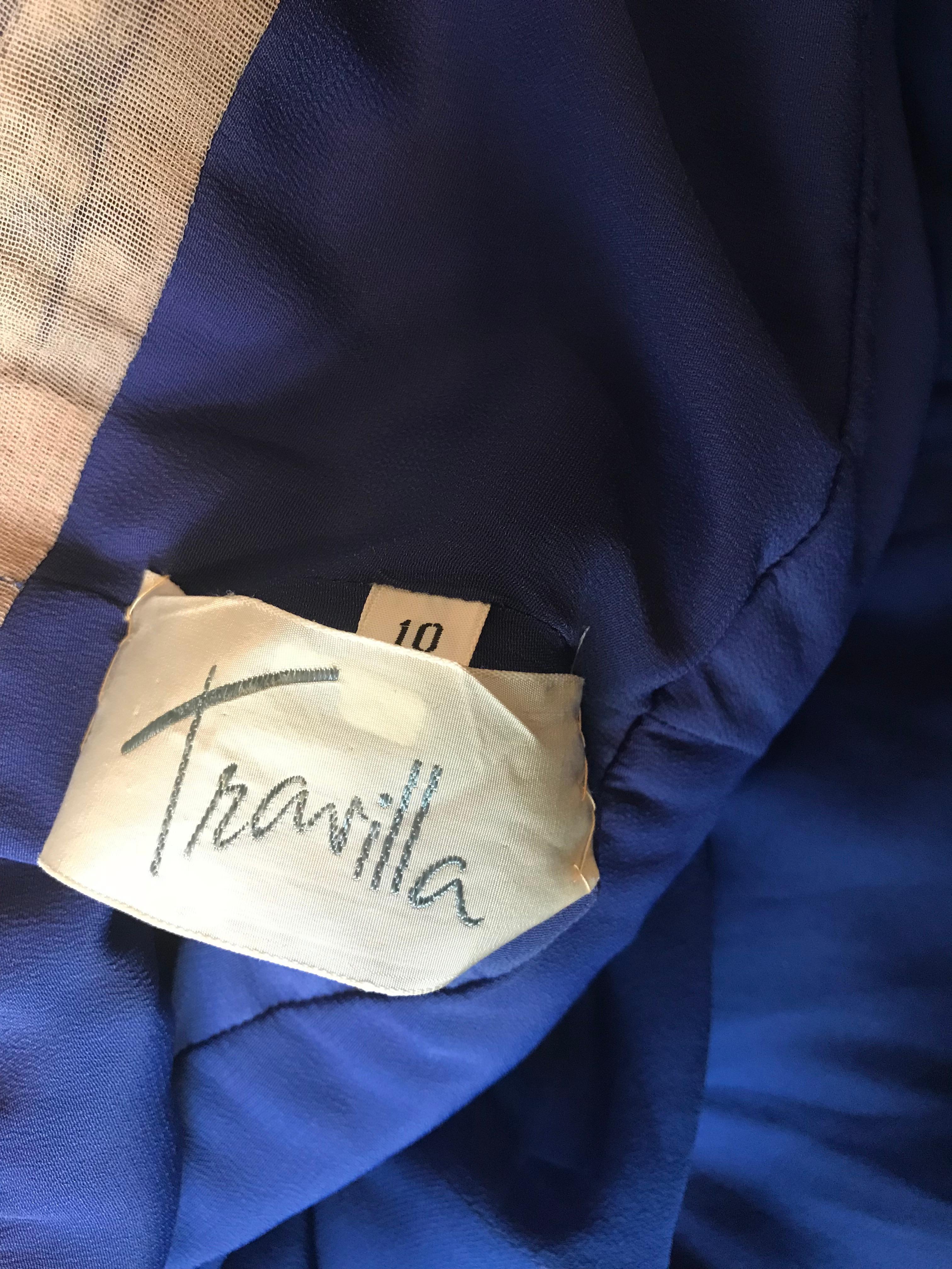 Travilla 1970s Blue Floaty Chiffon Beaded Evening Dress with Sheer Sleeves In Excellent Condition For Sale In San Francisco, CA