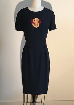Moschino Couture 1990s Vintage Heart and Dollar Sign Dress Navy Blue