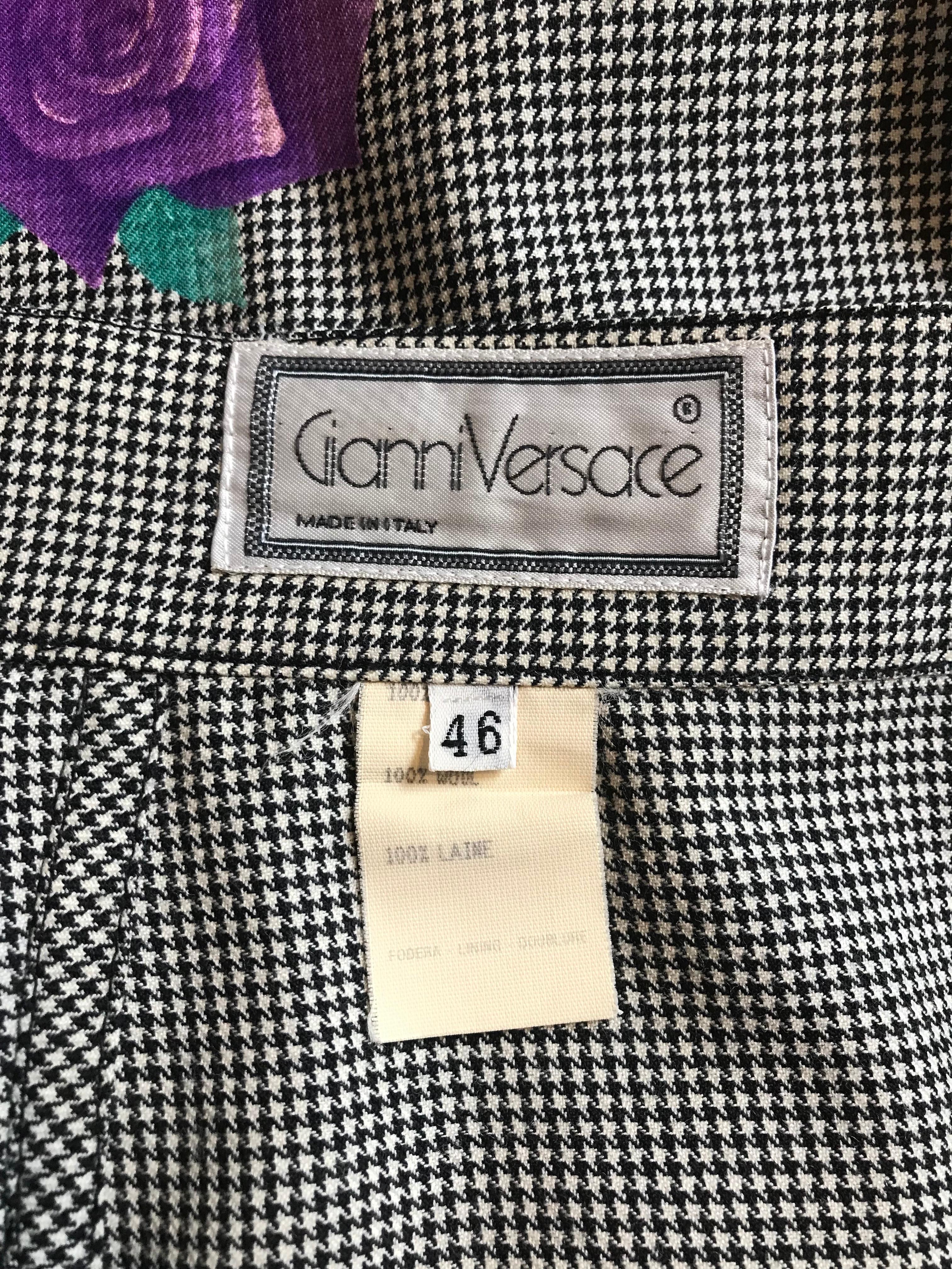 Gianni Versace 1990s Purple Flower Black White Houndstooth Skirt Suit For Sale 1