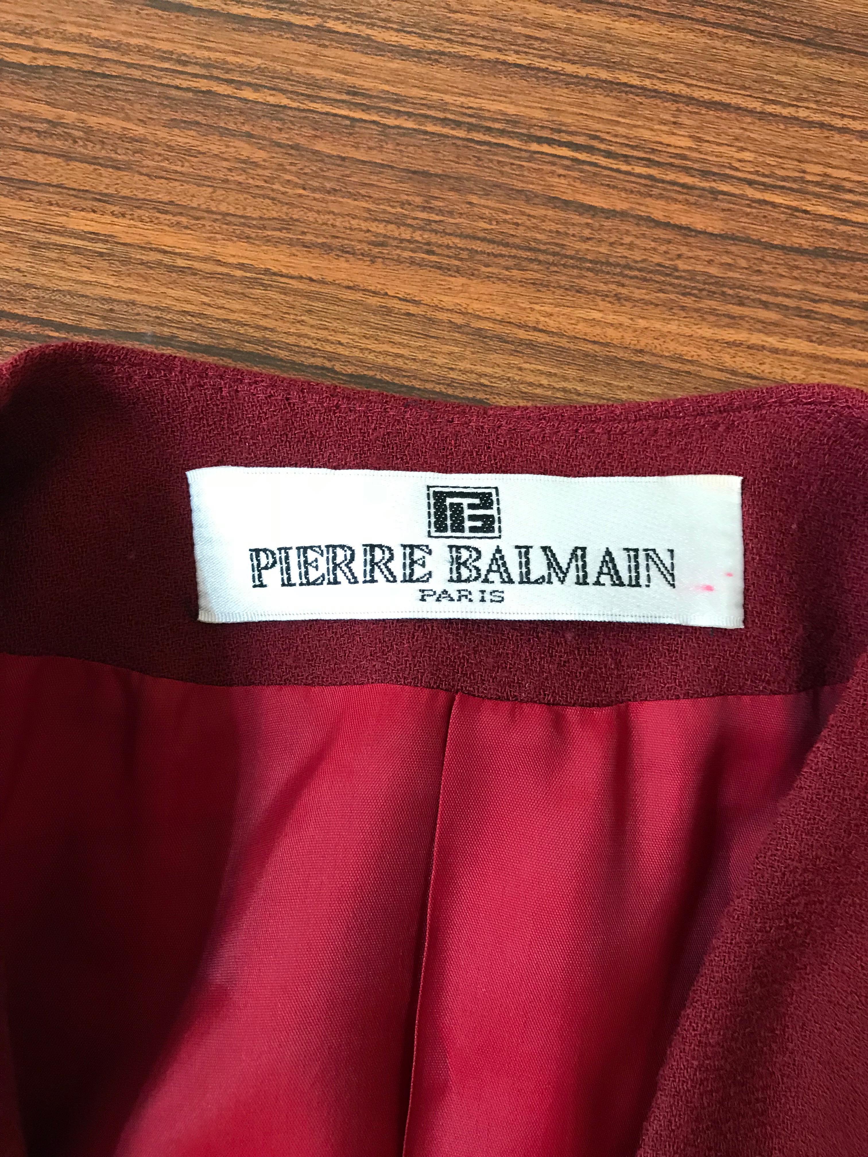 Pierre Balmain 1980s Cranberry Red Beaded Embroidered Sleeve Jacket Skirt Suit  1