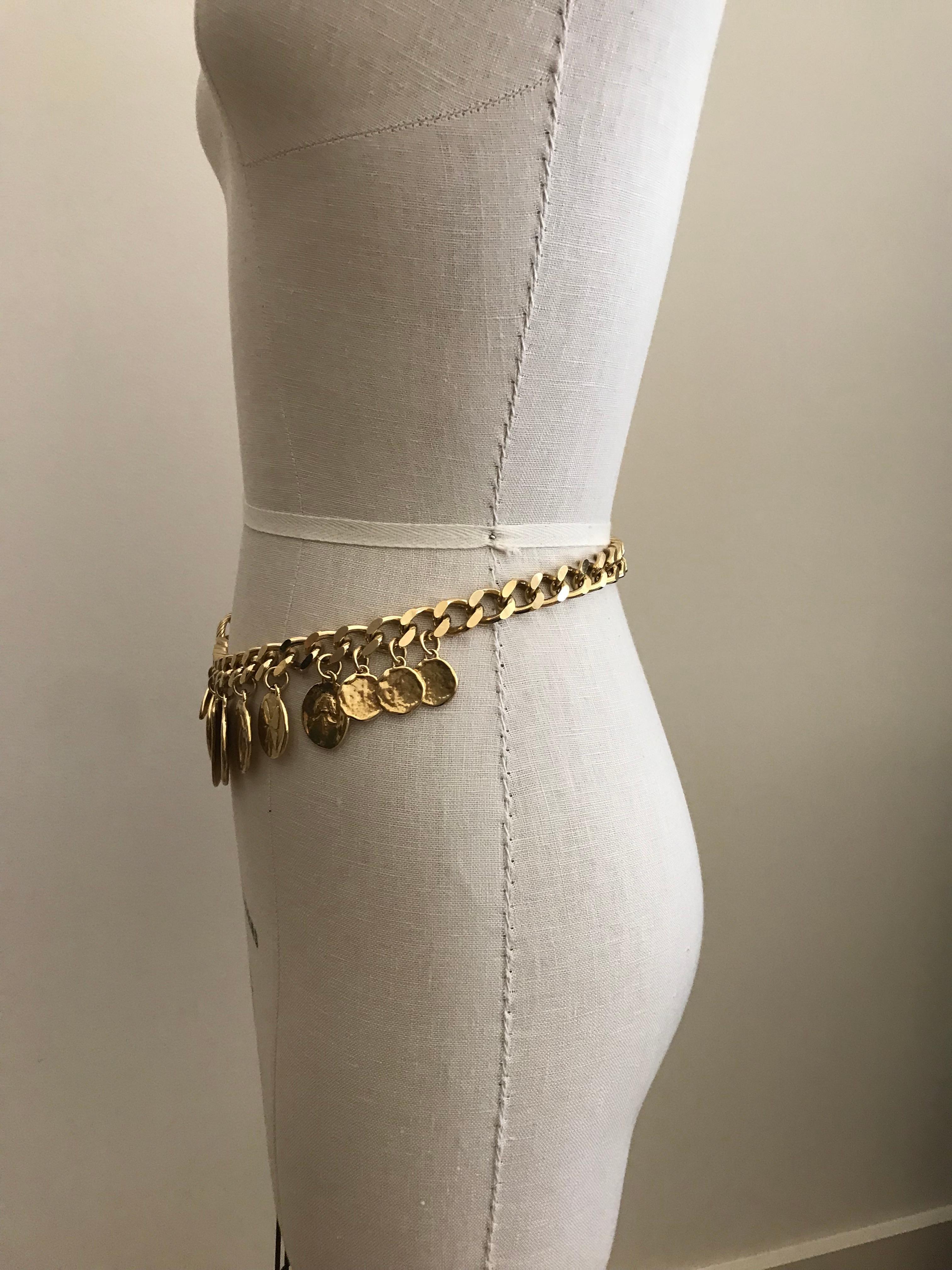 Brown Yves Saint Laurent Gold Tone Clover Heart Moon Chain Link Charm Belt, 1980s  