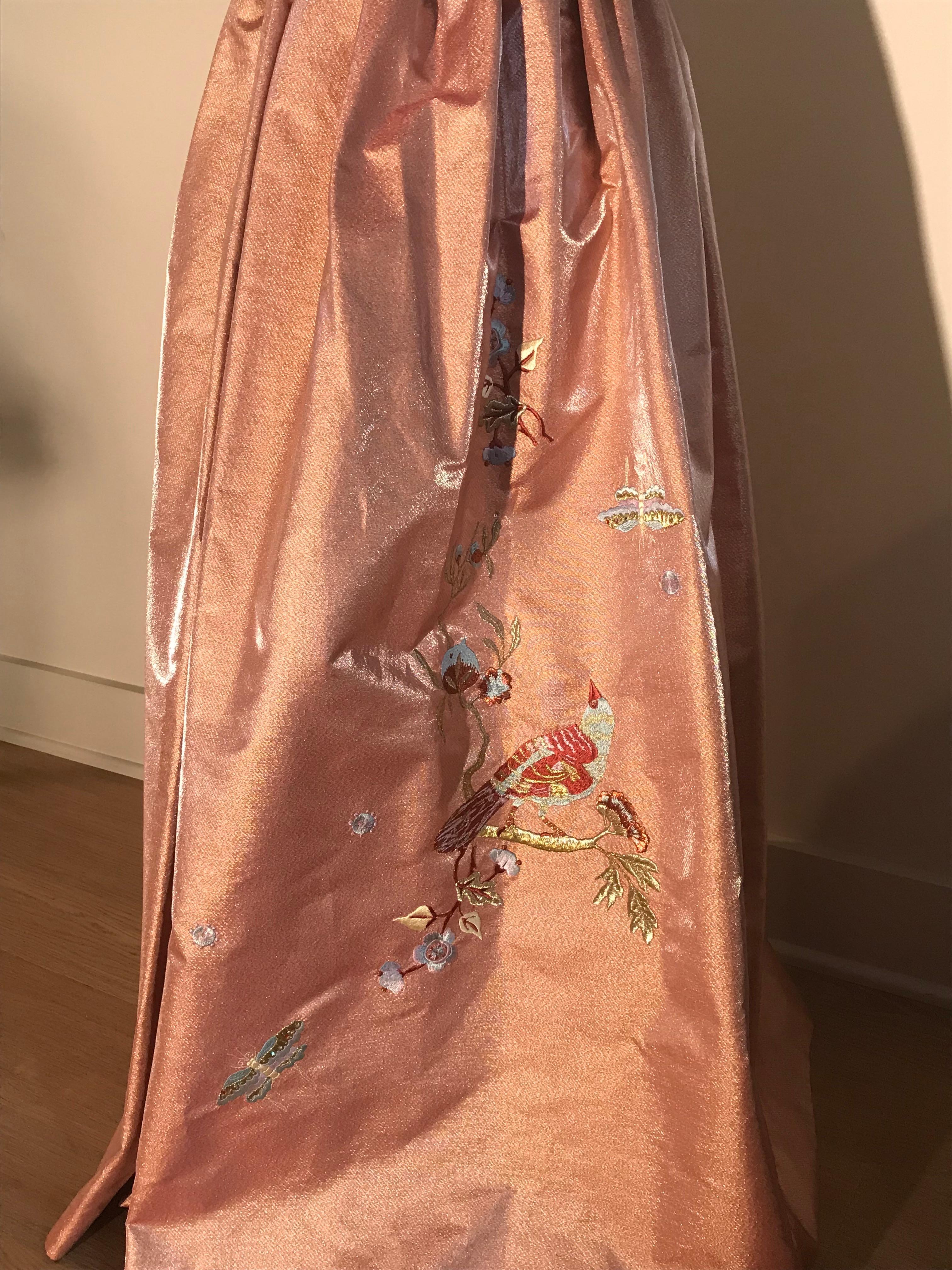 Orange Christian Lacroix Salmon Pink Full Gown Skirt with Bird and Floral Embroidery