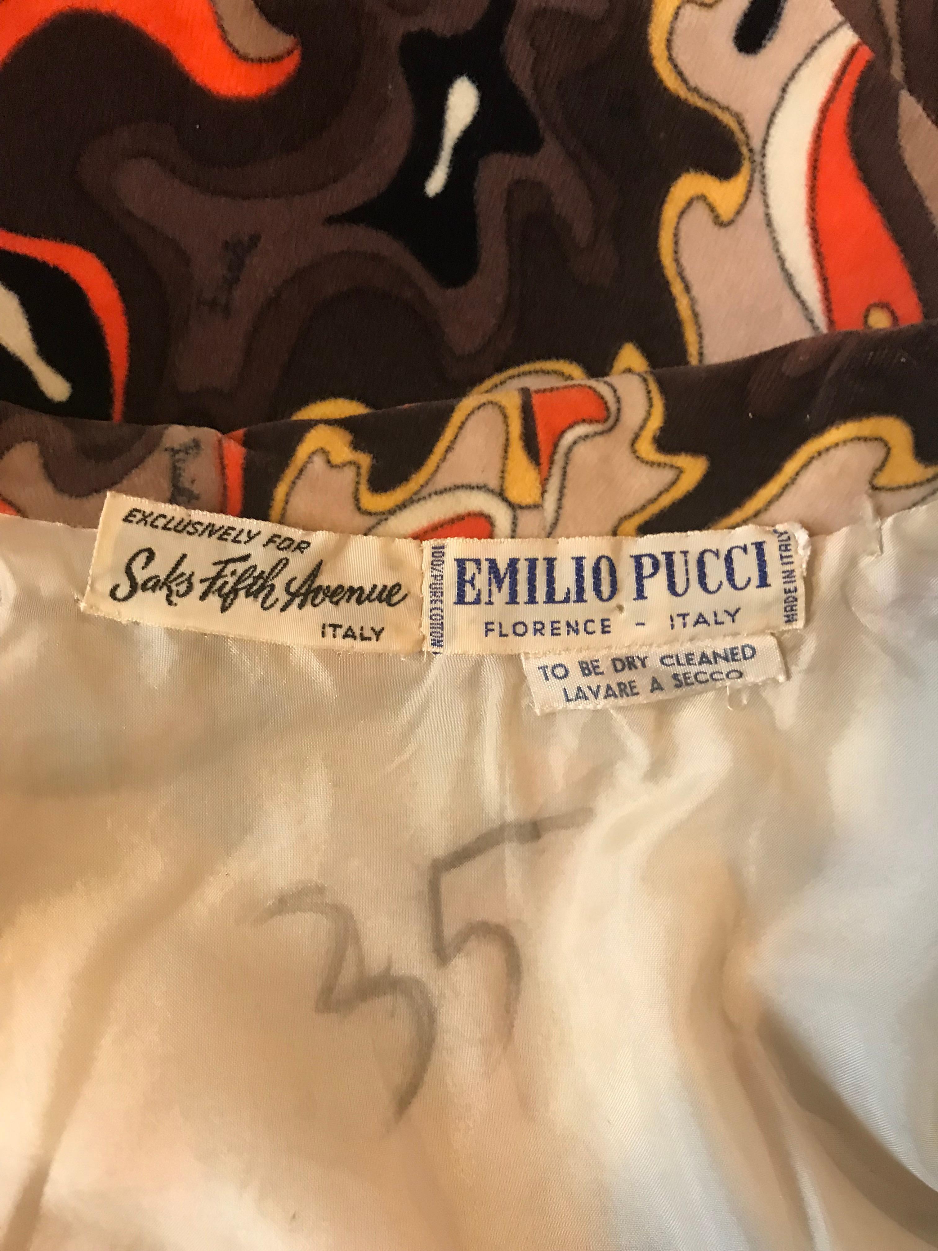 Emilio Pucci 1960s Orange and Brown Squiggle Print Velvet Zip Front Dress  2
