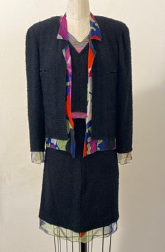 Chanel 2000 Runway Black Boucle Three Piece Suit Multicolor Floral Chiffon Trim