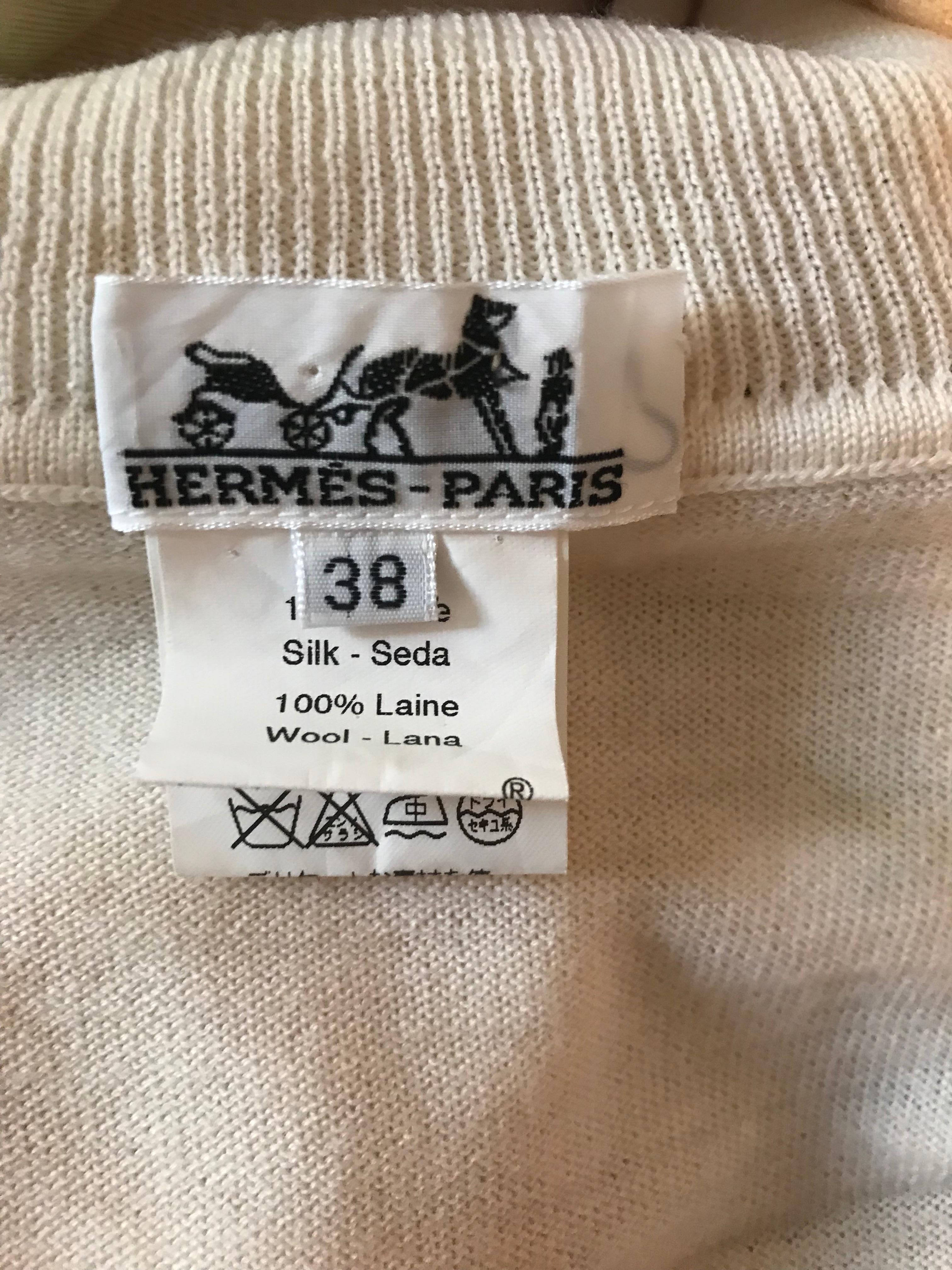 Gray Rare Vintage Hermes Henri de Linares Plumes Print Silk Front Turtleneck Sweater For Sale