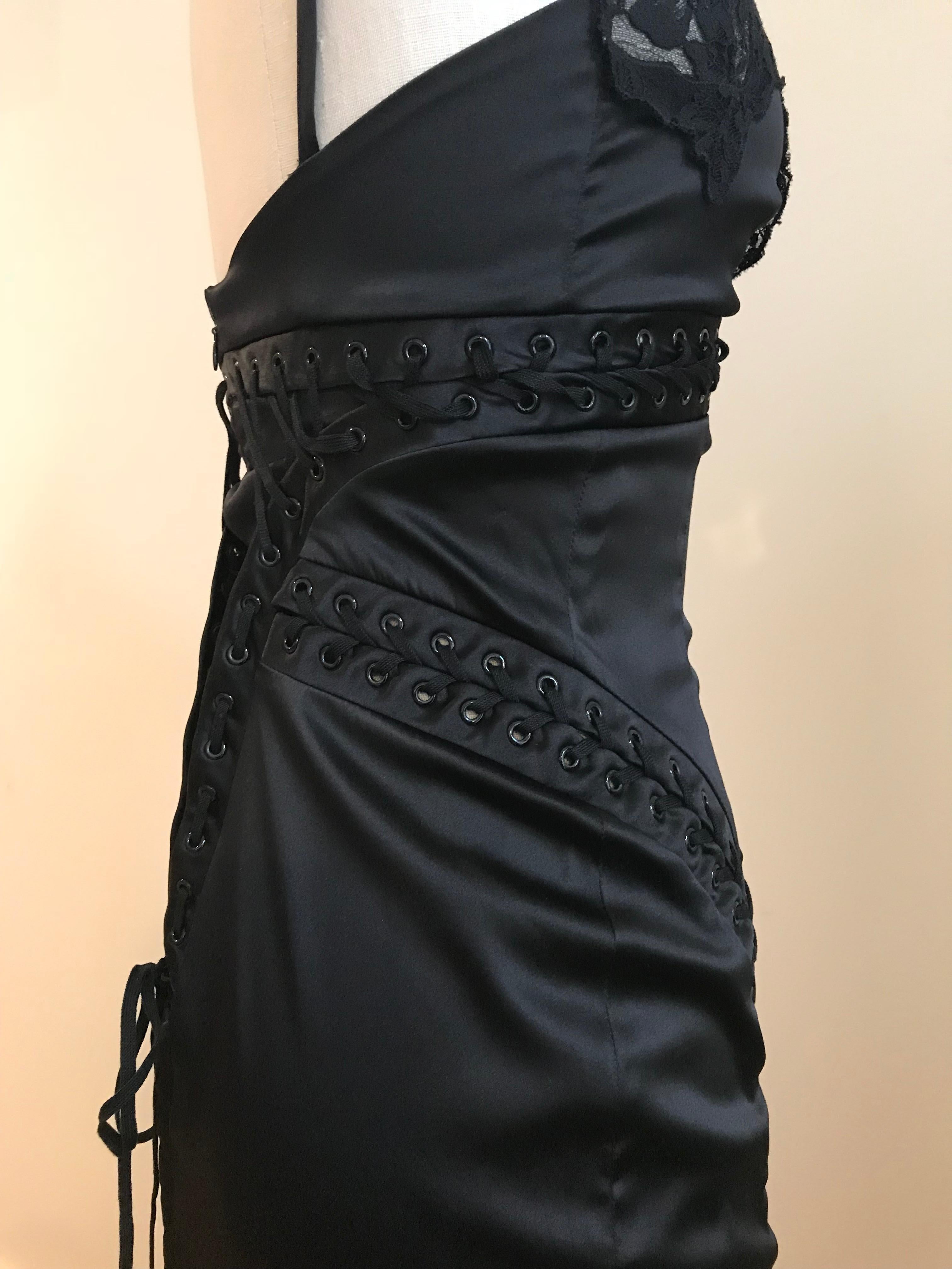 Dolce & Gabbana Black Satin Lace Up Midi Dress with Lace Trim 2