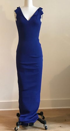 Patrick Kelly Blue Rib Knit Raw Edged Backless Body-Con Maxi Dress, 1980s