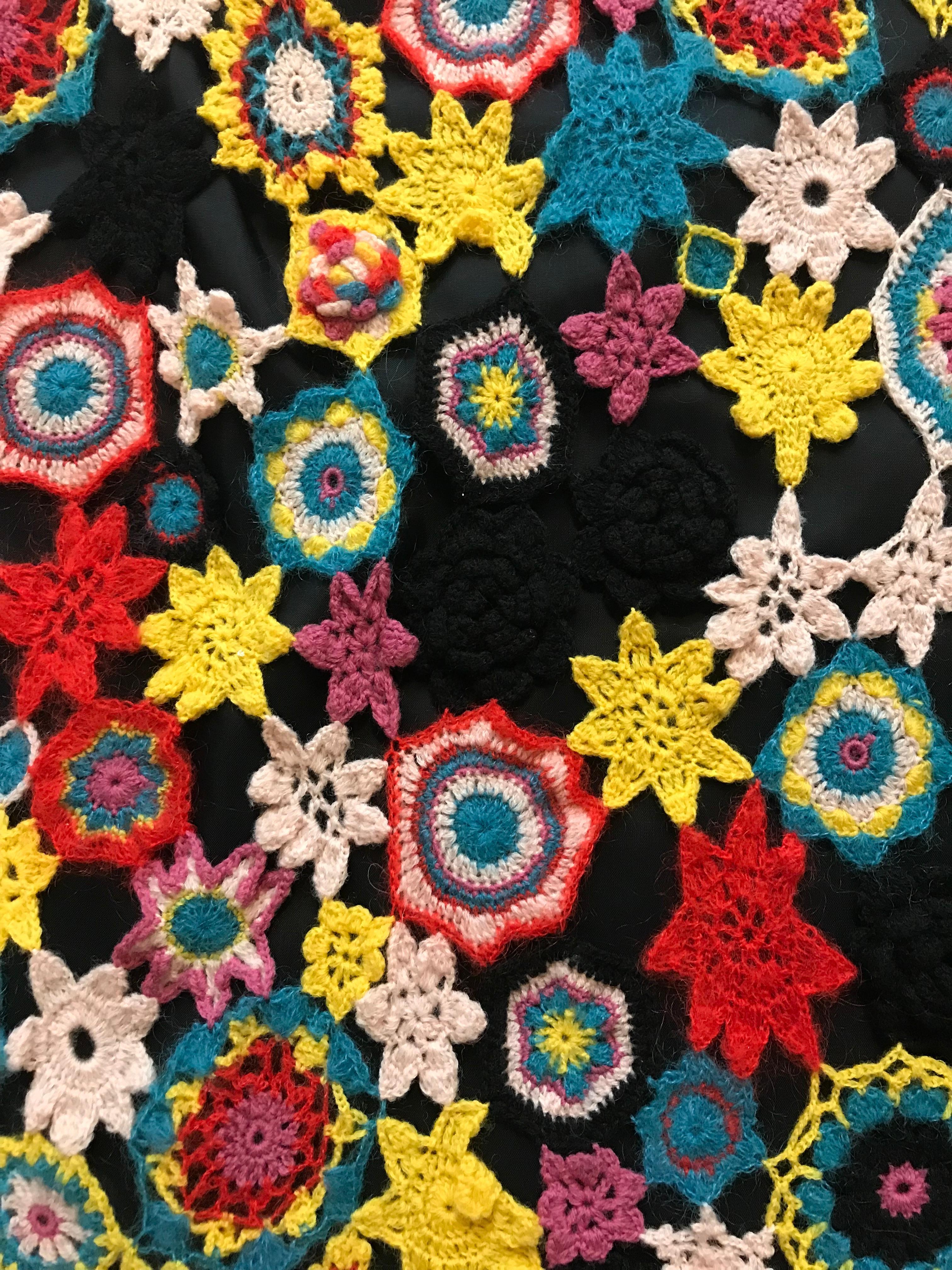 Christian Lacroix Vintage Crochet Floral Patchwork Black and Multicolor Skirt In Excellent Condition In San Francisco, CA