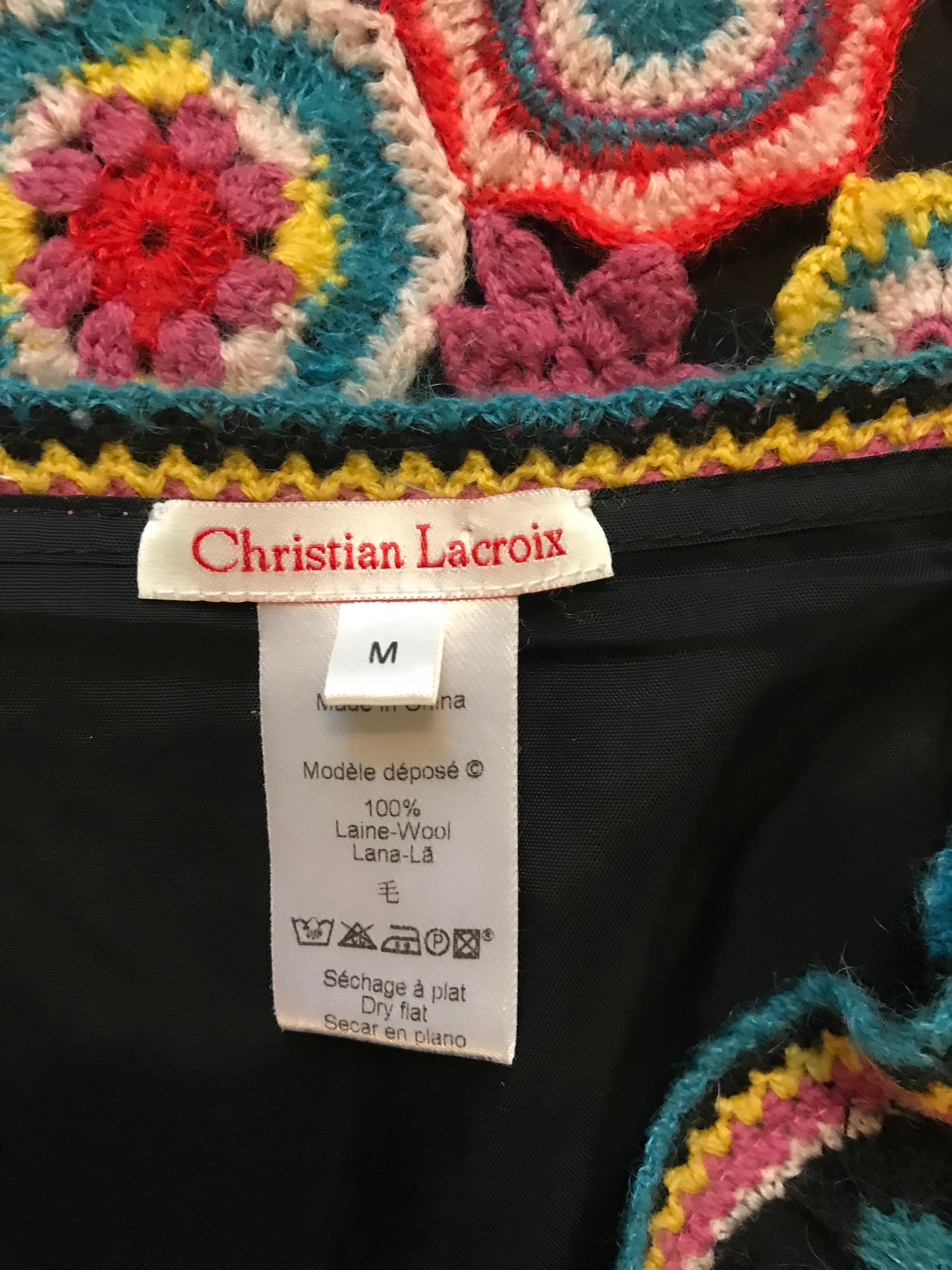 Women's or Men's Christian Lacroix Vintage Crochet Floral Patchwork Black and Multicolor Skirt