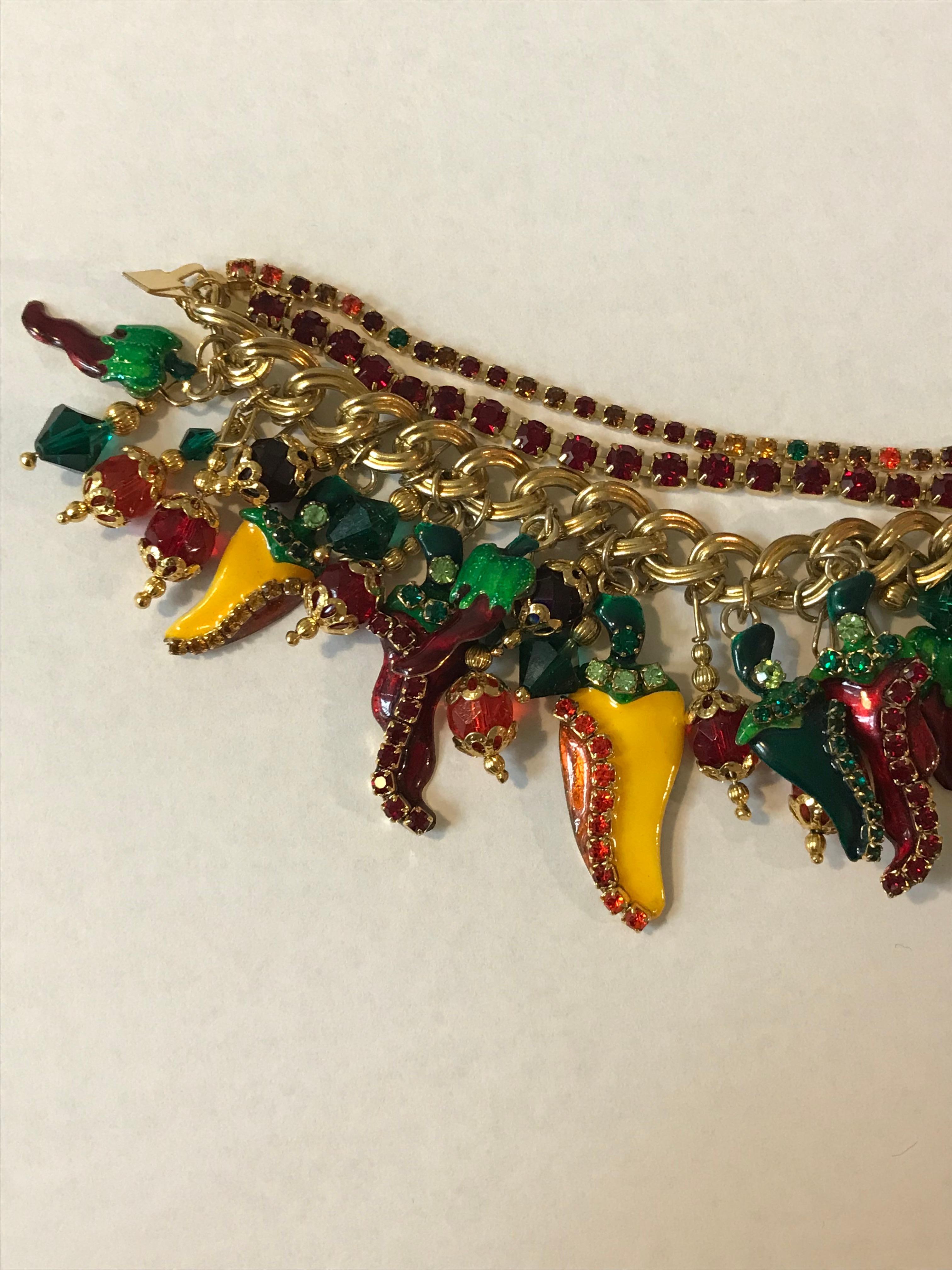 Lunch at the Ritz 1990s Goldtone Peppers Bracelet Green Red Yellow Rhinestone In Excellent Condition In San Francisco, CA