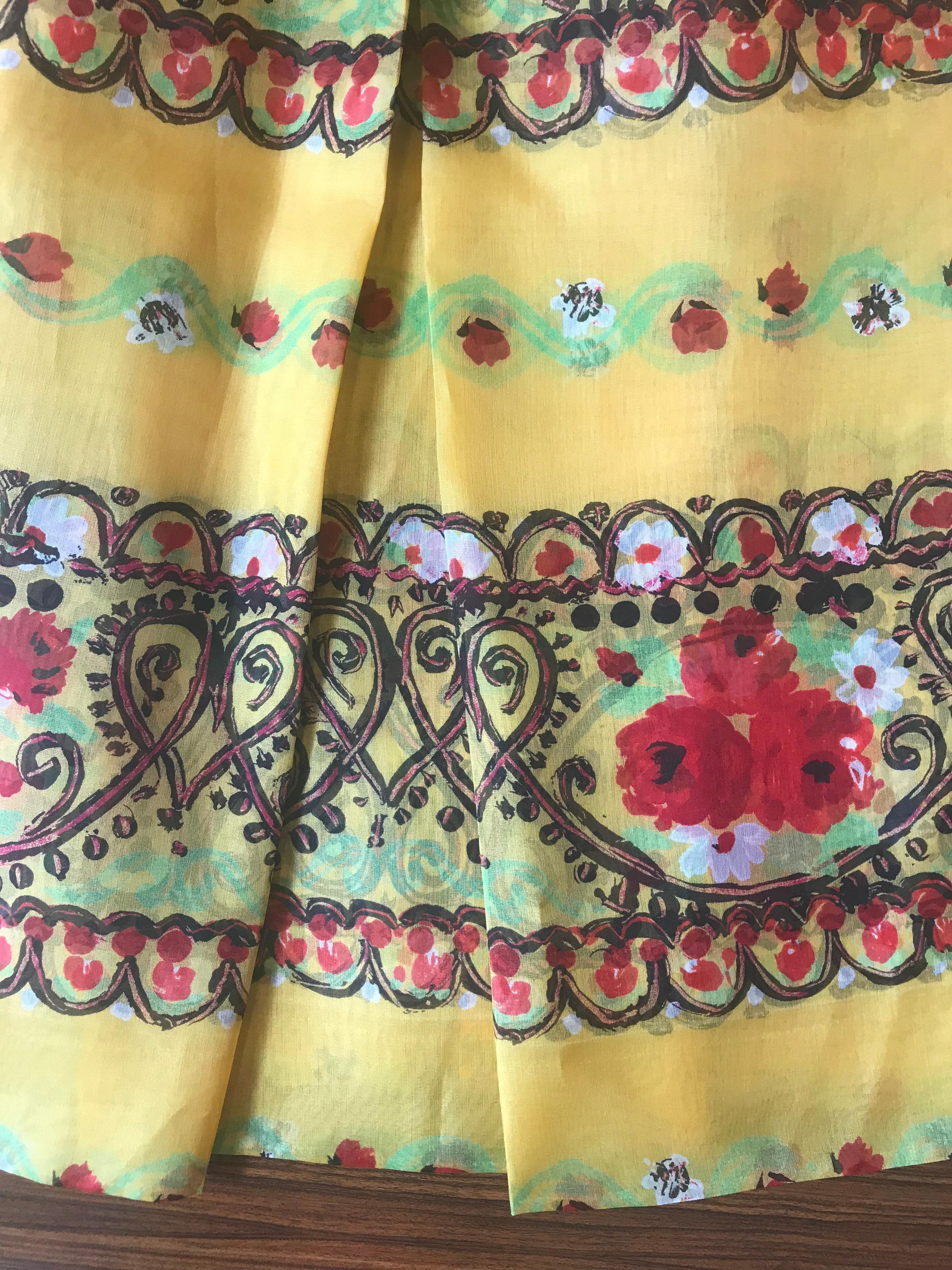 Christian Lacroix Yellow Silk Heart and Floral Pattern Semi-Sheer Skirt  1