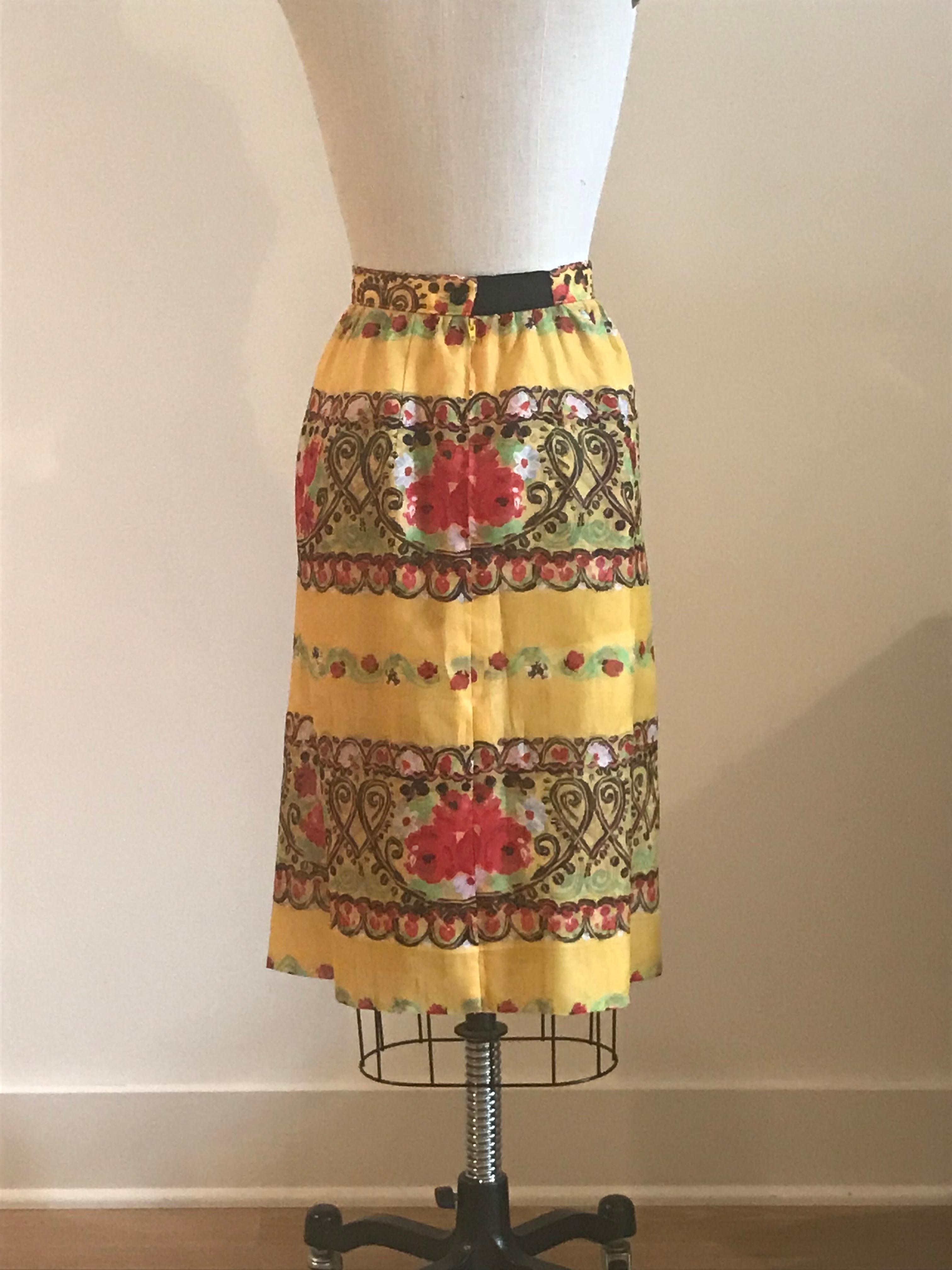 Women's Christian Lacroix Yellow Silk Heart and Floral Pattern Semi-Sheer Skirt 