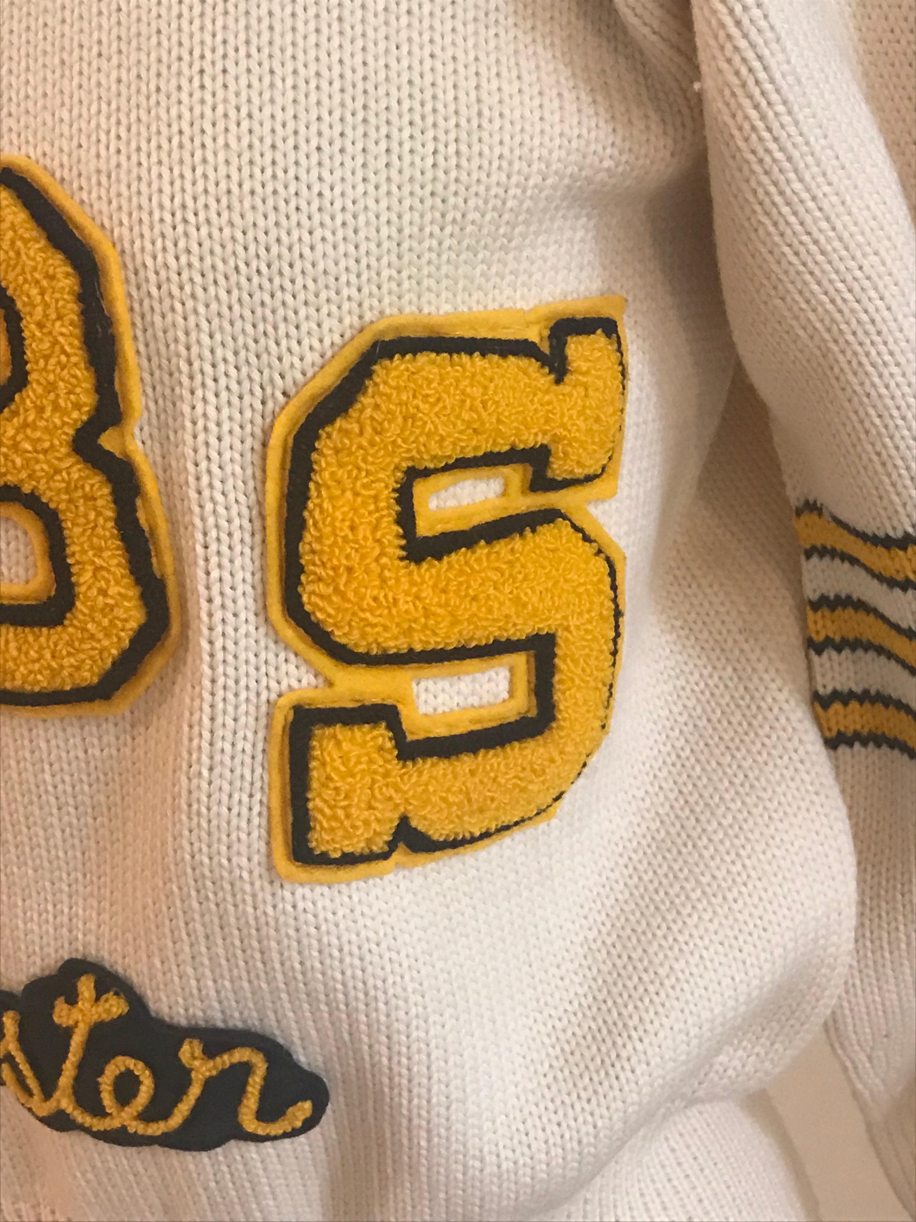 White Cream and Yellow Letter Sweater GBS Booster Senior Logan Mills Knit, 1950s 
