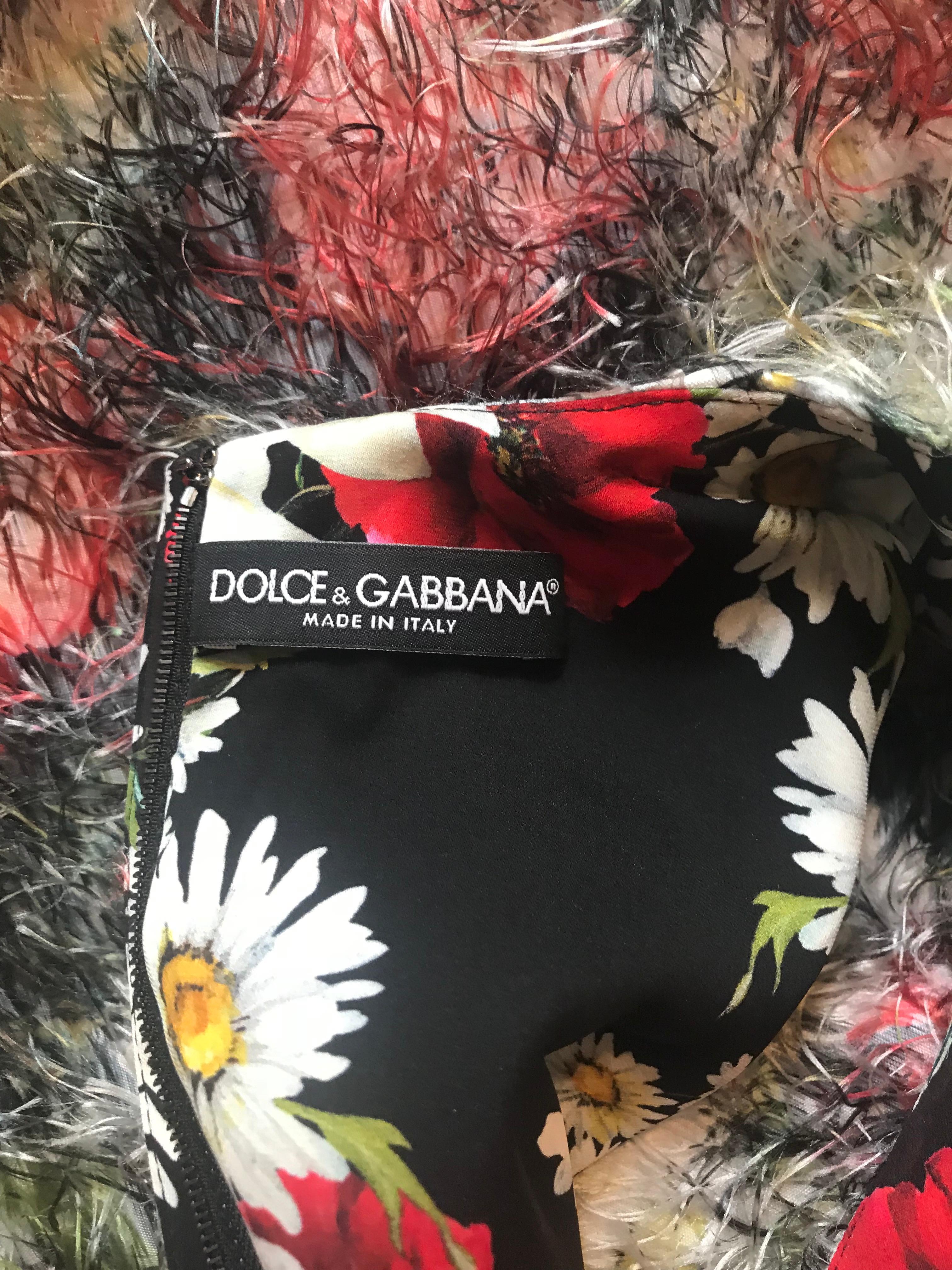 Women's Dolce & Gabbana Fuzzy Floral Fringe Midi Sleeveless Pencil Dress
